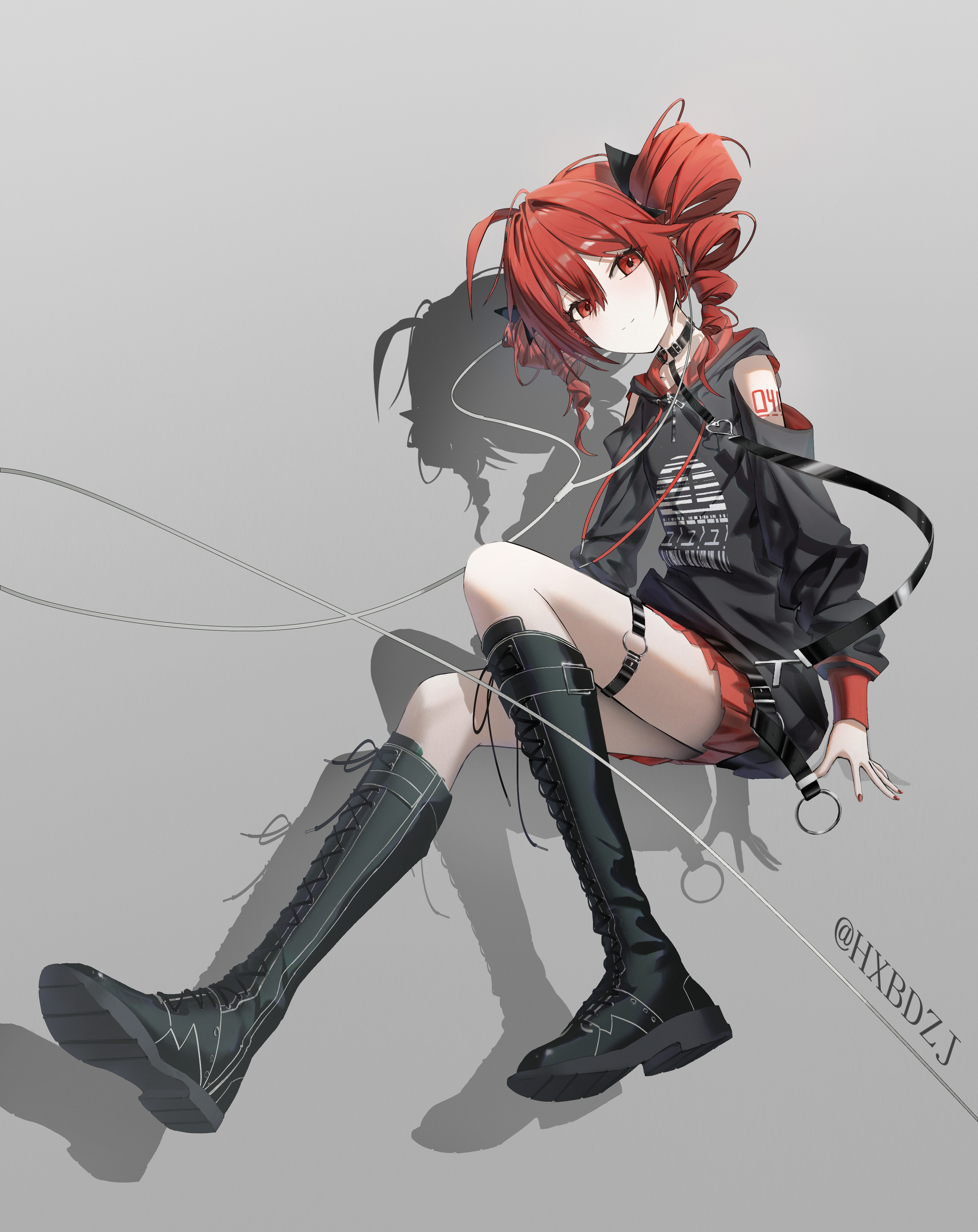 hxbdzj, kasane teto, utau, absurdres, highres, 1girl, black boots, black choker, black hoodie, blush, boots, choker, closed mouth, clothing cutout, drill hair, hair between eyes, hood, hoodie, knee boots, long hair, looking at viewer, number tattoo, red eyes, red hair, red nails, red skirt, shoulder cutout, shoulder tattoo, sidelocks, skirt, smile, solo, tattoo, thigh strap, twin drills