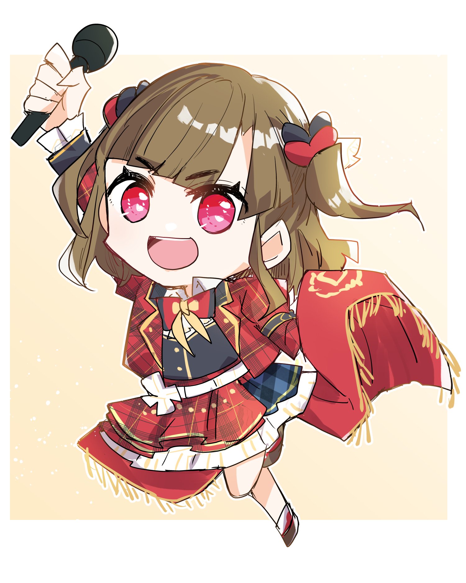kanduki kamibukuro, kachimachi kosuzu, link! like! love live!, love live!, commentary, highres, 1girl, :d, black vest, border, brown hair, chibi, chibi only, collared shirt, dress shirt, full body, holding, holding microphone, jacket, leg up, long hair, long sleeves, looking at viewer, microphone, miniskirt, official alternate costume, open clothes, open jacket, open mouth, outside border, pink eyes, plaid clothes, plaid jacket, plaid skirt, red skirt, shirt, skirt, smile, solo, taiyou de are!, two side up, v-shaped eyebrows, vest, virtual youtuber, white border, white shirt, yellow background