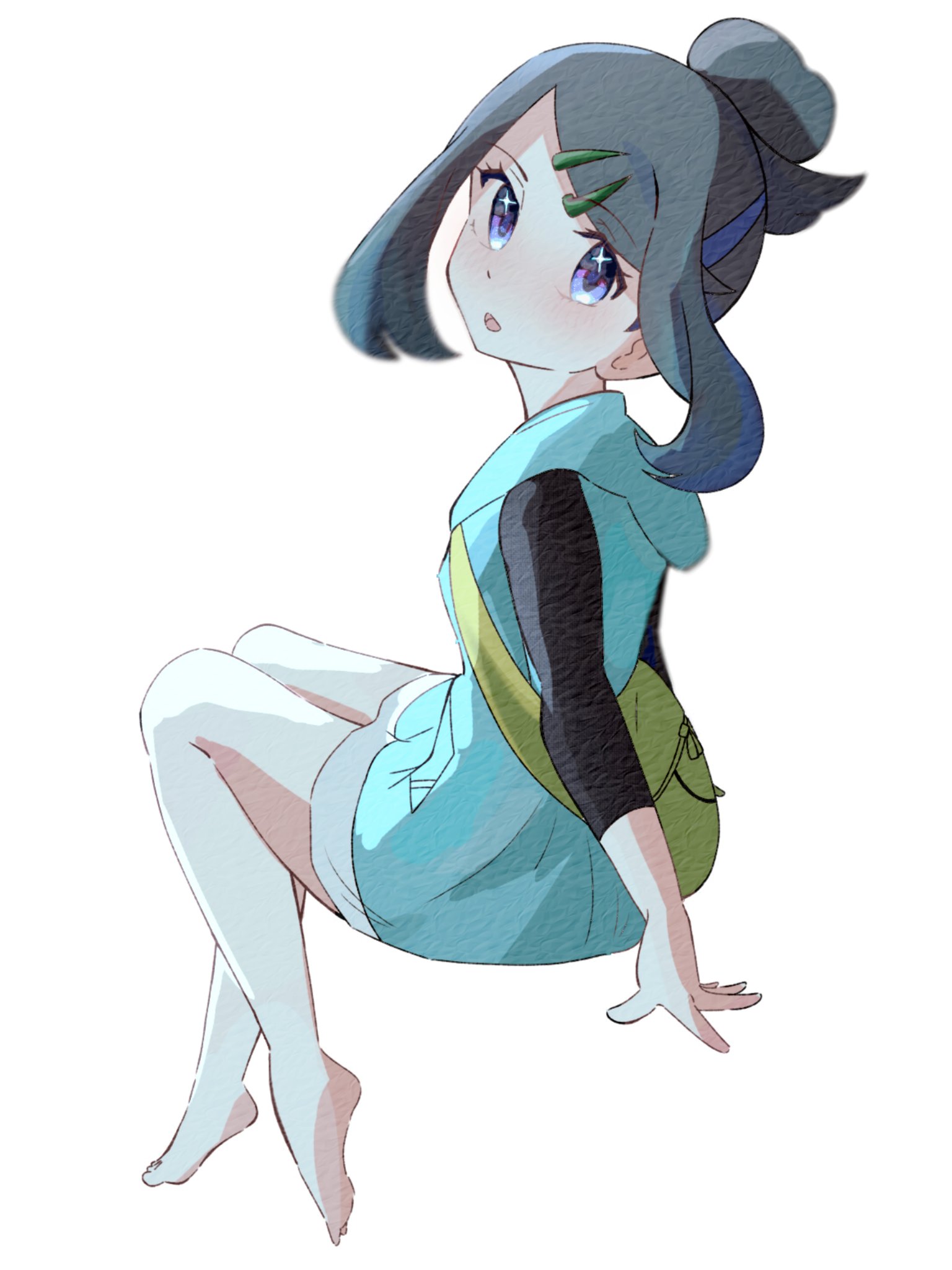 kame san, liko (pokemon), nintendo, pokemon, pokemon (anime), pokemon horizons, artist collaboration, highres, 1girl, :d, barefoot, black hair, black shirt, blue eyes, blue hair, blue hoodie, full body, hair between eyes, hair ornament, hairclip, hood, hood down, hoodie, looking at viewer, multicolored hair, open mouth, shirt, short hair, shorts, sleeveless, sleeveless hoodie, smile, solo, star (symbol), star in eye, symbol in eye, two-tone hair, white background, white shorts, yupopopopon