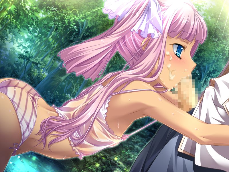 hongou kazuto, sonshoukou (koihime musou), koihime musou, 00s, 1boy, 1girl, armpits, ass, blue eyes, censored, clothed sex, cum, cum on body, facial, fellatio, flat chest, hetero, long hair, oral, outdoors, panties, penis, pink hair, sex, side-tie panties, spaghetti strap, striped clothes, striped panties, underwear