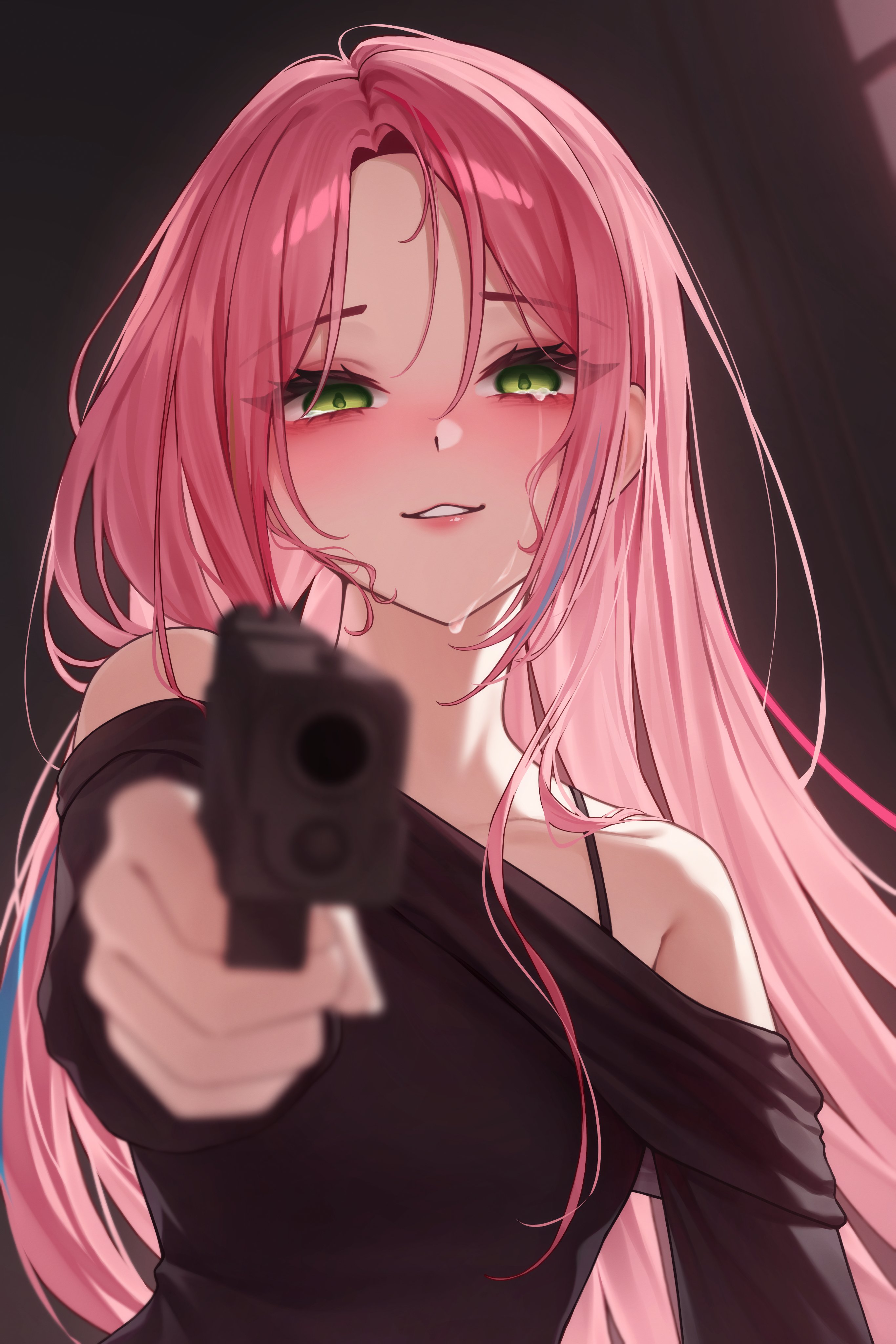 soo ou, hanako nana, stellive, absurdres, hashtag-only commentary, highres, 1girl, aiming, armpit crease, bags under eyes, black sweater, blurry, blurry foreground, bra strap, crying, crying with eyes open, depth of field, forehead, green eyes, gun, handgun, holding, holding gun, holding weapon, long hair, long sleeves, looking at viewer, multicolored hair, off-shoulder sweater, off shoulder, outstretched arm, parted lips, pov, purple eyes, solo, straight-on, straight hair, streaked hair, sweater, tears, upper body, virtual youtuber, weapon