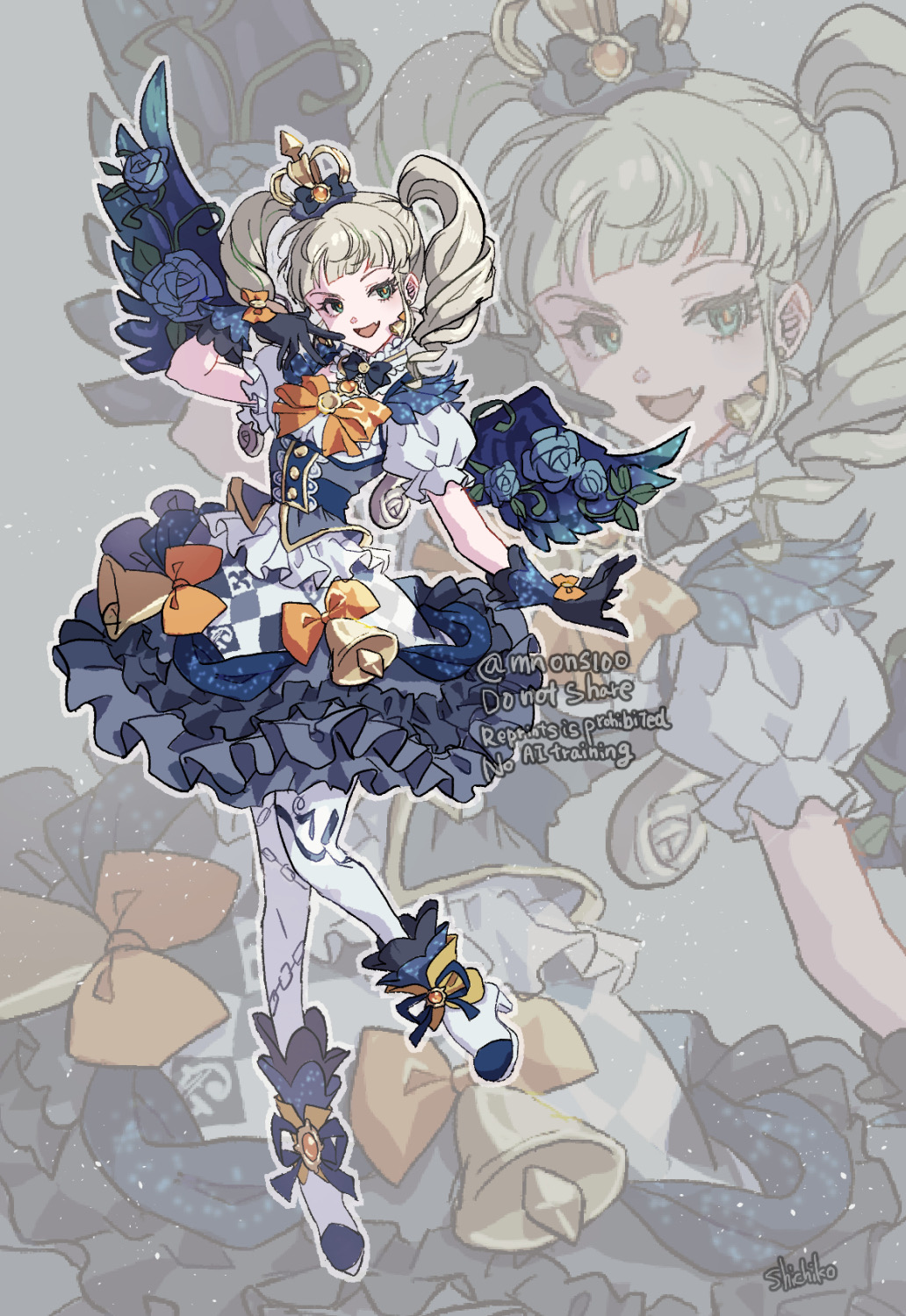 shichiko (kerori), todo yurika, aikatsu!, aikatsu! (series), highres, 1girl, black gloves, blonde hair, blue flower, blue ribbon, blue rose, blue skirt, blue wings, blunt bangs, boots, bow, crown, drill hair, fang, flower, frilled skirt, frills, full body, gloves, green eyes, grey background, high heel boots, high heels, idol clothes, long hair, looking at viewer, mini crown, open mouth, orange bow, pantyhose, plant, puffy short sleeves, puffy sleeves, ribbon, rose, shirt, short sleeves, skirt, smile, solo, standing, standing on one leg, twin drills, twintails, vines, white boots, white pantyhose, white shirt, wings, zoom layer