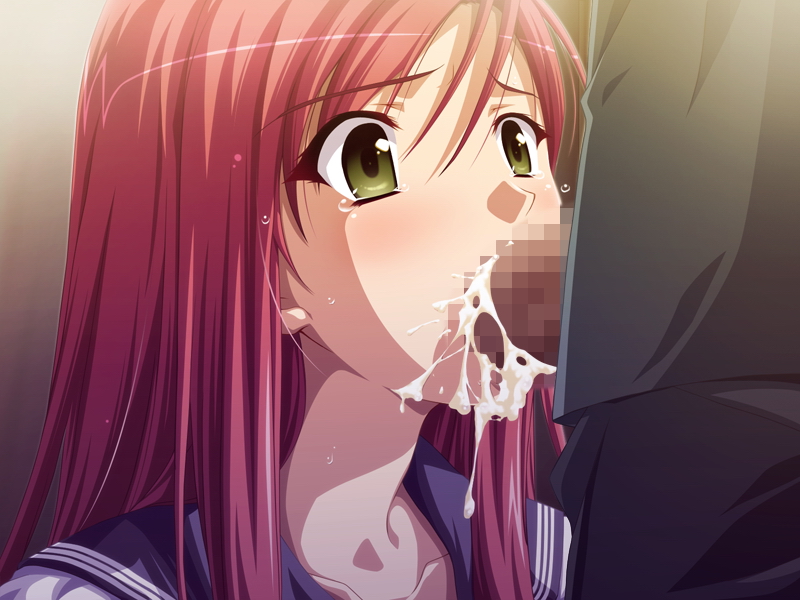 aikawa arisa, matsubara yui, metro chikan-sen, 1girl, blush, censored, cum, cum in mouth, cum overflow, cumdrip, ejaculation, fellatio, green eyes, long hair, mosaic censoring, oral, penis, pink hair, red hair, school uniform, serafuku, solo focus, tears