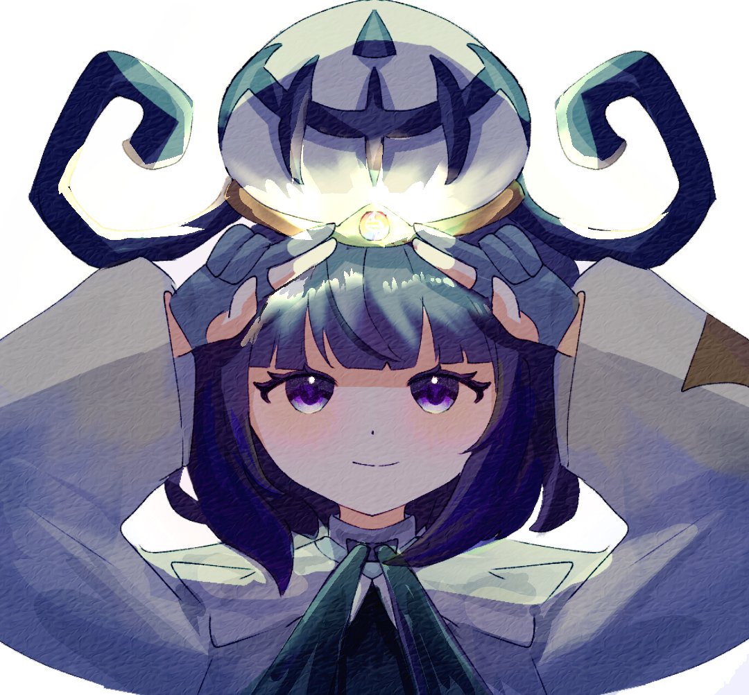 gwynn (pokemon), nintendo, pokemon, pokemon legends: z-a, 1girl, blunt bangs, bob cut, closed mouth, coat, gloves, glowing, hat, long sleeves, looking at viewer, partially fingerless gloves, purple eyes, purple hair, short hair, smile, solo, upper body, white background, white coat, yupopopopon
