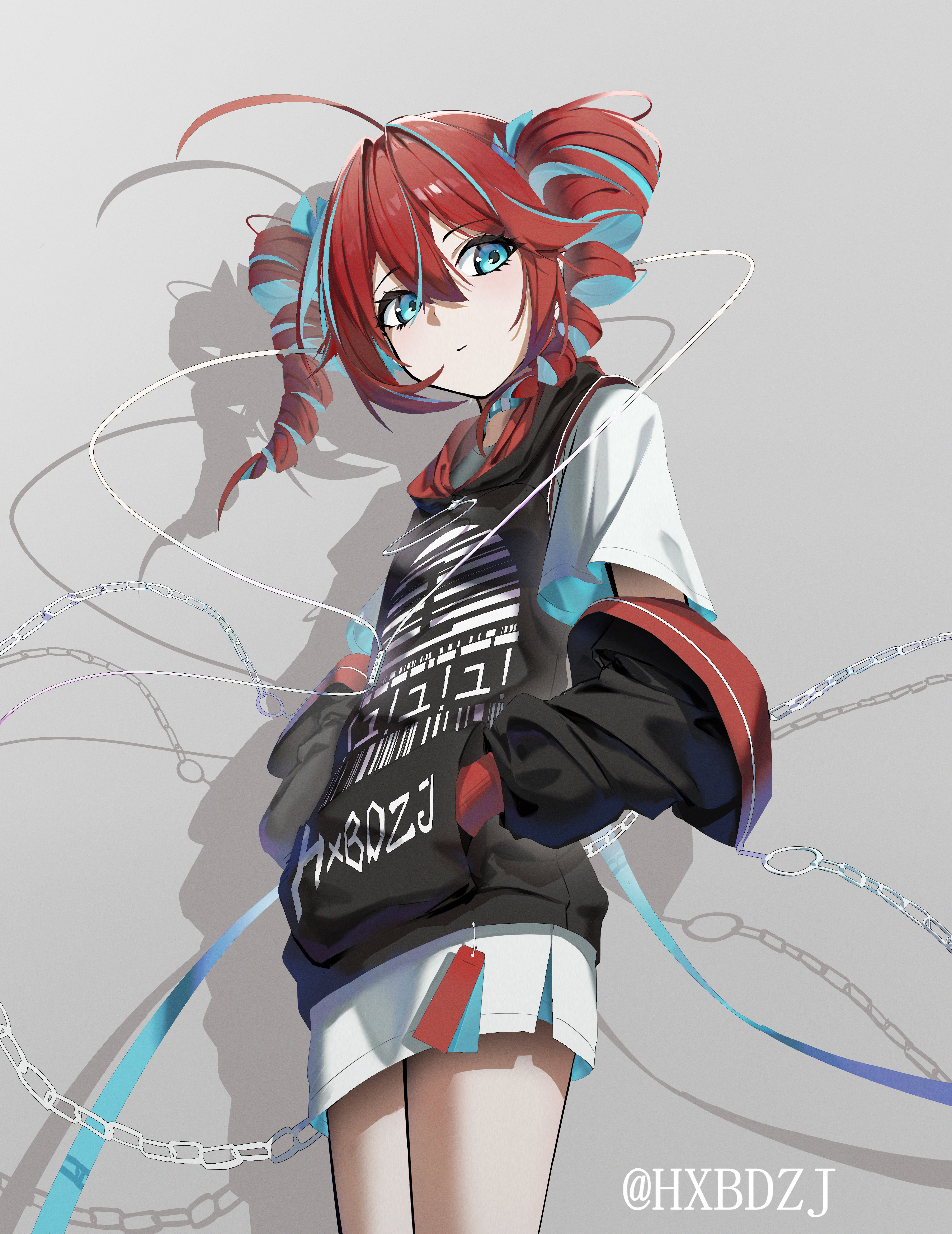 hxbdzj, kasane teto, utau, absurdres, highres, 1girl, black hoodie, blue hair, blush, closed mouth, colored inner hair, detached sleeves, drill hair, hands in pockets, hood, hoodie, long hair, looking at viewer, multicolored hair, red eyes, red hair, shirt, short sleeves, sidelocks, solo, t-shirt, twin drills, two-tone hair, white shirt