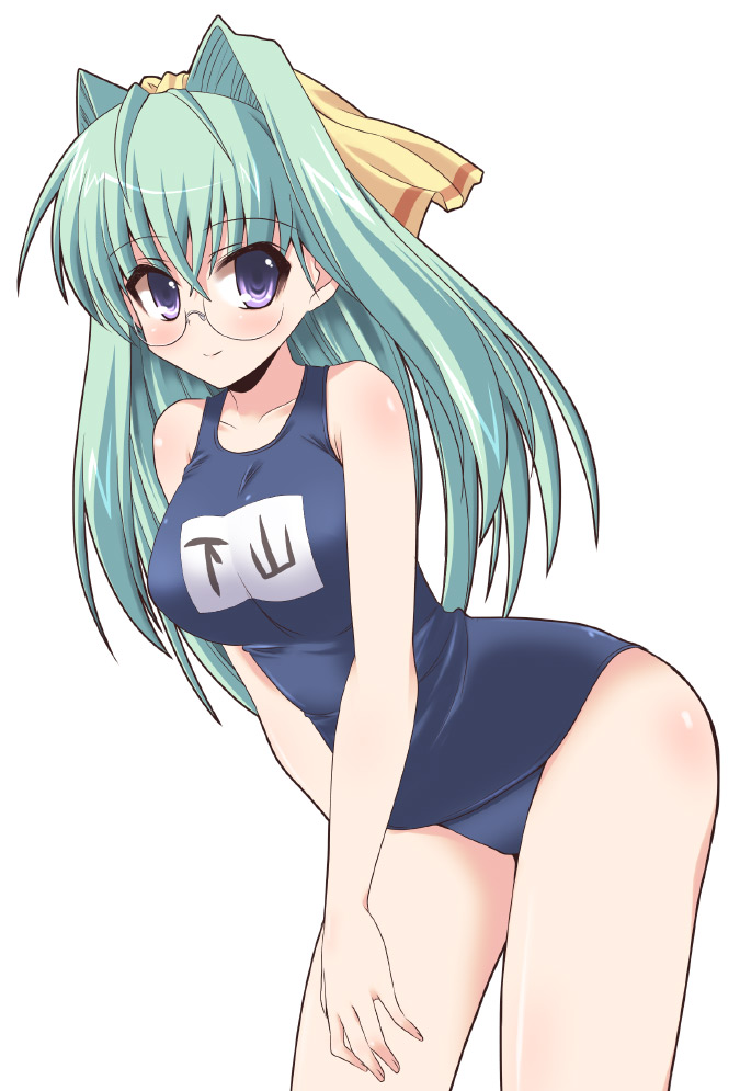 shinshin, kannagi itsuki, shimoyama mutsumi, sora wo kakeru shoujo, 00s, 1girl, blue eyes, blush, breasts, female focus, glasses, green hair, medium breasts, one-piece swimsuit, purple eyes, ribbon, school swimsuit, solo, swimsuit