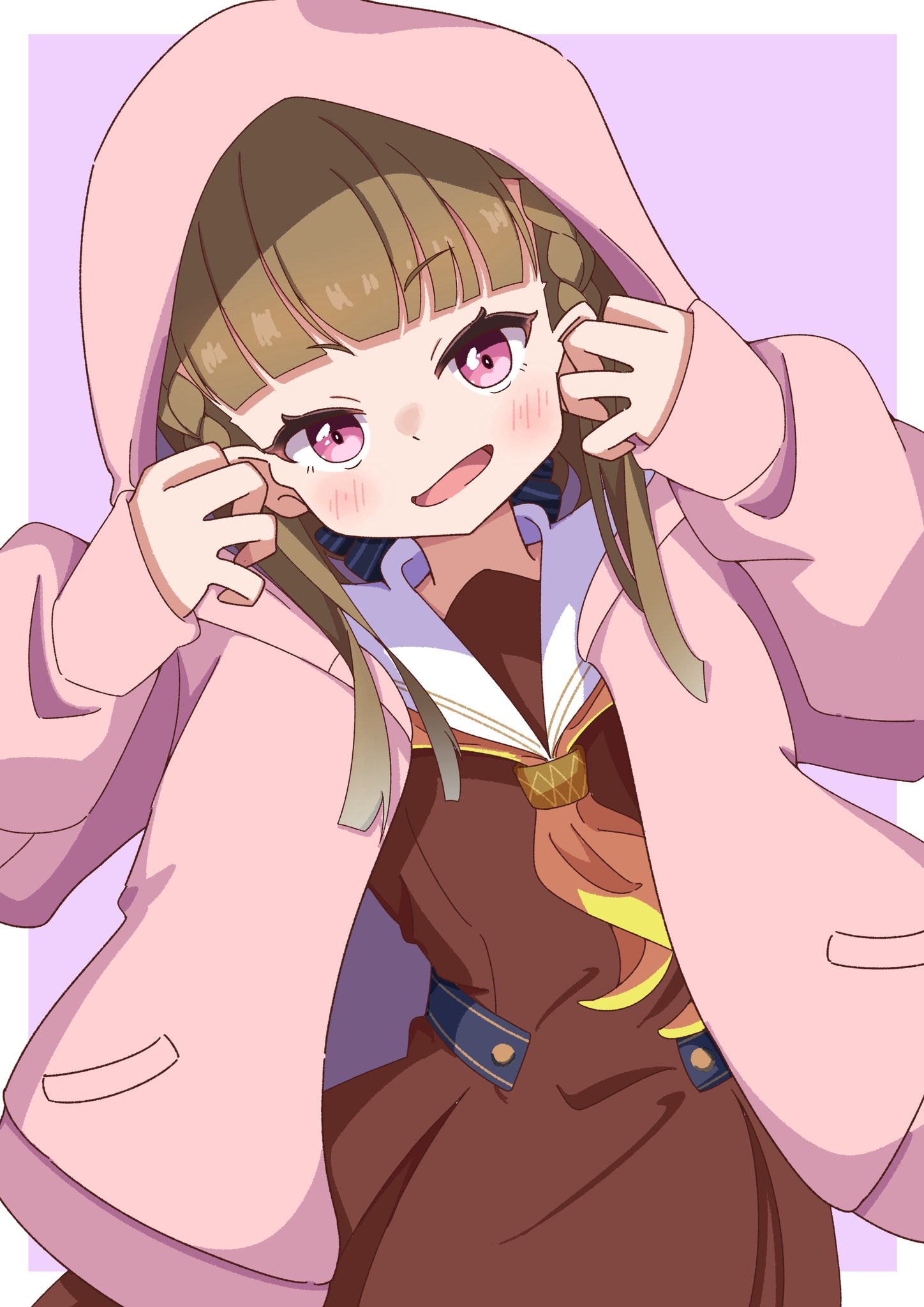 tange murasaki, anyoji hime, kachimachi kosuzu, link! like! love live!, love live!, commentary request, highres, 1girl, :d, blunt bangs, border, borrowed clothes, cowboy shot, dress, hasu no sora school uniform, hood, hood up, hooded jacket, jacket, long sleeves, looking at viewer, neckerchief, open clothes, open jacket, open mouth, outside border, pink eyes, pink jacket, pleated dress, pocket, purple background, sailor collar, sailor dress, school uniform, simple background, sleeves past wrists, smile, solo, virtual youtuber, white border, white sailor collar, winter uniform, yellow neckerchief