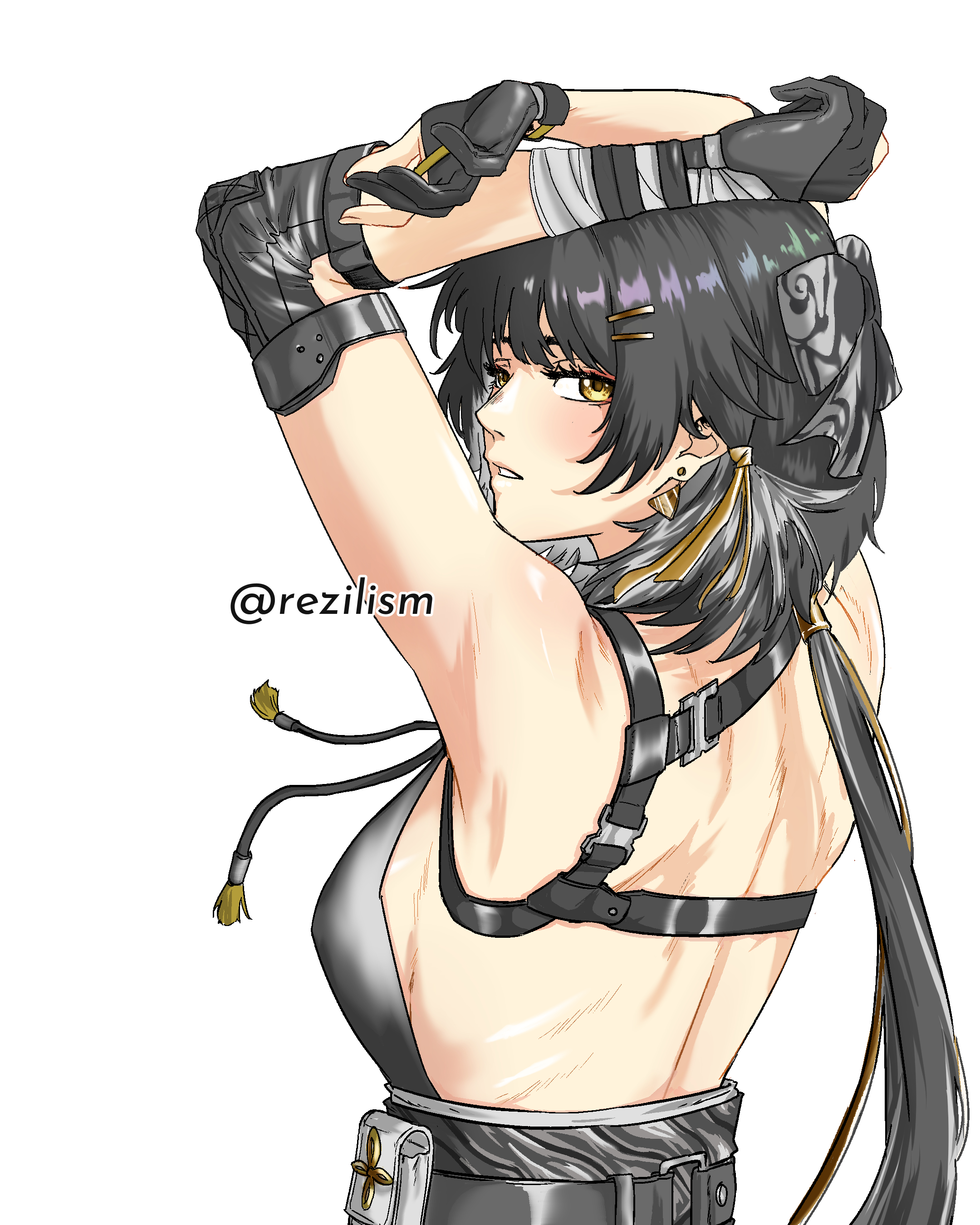 rezilism, female rover (wuthering waves), rover (wuthering waves), wuthering waves, absurdres, commentary, highres, 1girl, arms up, back, bandaged arm, bandages, bare shoulders, black bow, black gloves, black hair, bow, breasts, colored inner hair, earrings, elbow pads, gloves, hair bow, hair ornament, hairclip, jewelry, long hair, looking at viewer, looking to the side, low ponytail, medium breasts, multicolored hair, parallel hairclips, parted lips, partially fingerless gloves, ponytail, solo, triangle earrings, twitter username, upper body, white hair, yellow eyes