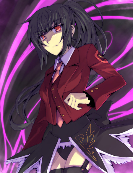 isya, secbi, belphegor (umineko), umineko no naku koro ni, bad id, bad pixiv id, 00s, 1girl, black hair, black thighhighs, blazer, female focus, jacket, leotard, long hair, miniskirt, necktie, pink necktie, red eyes, skirt, solo, thighhighs