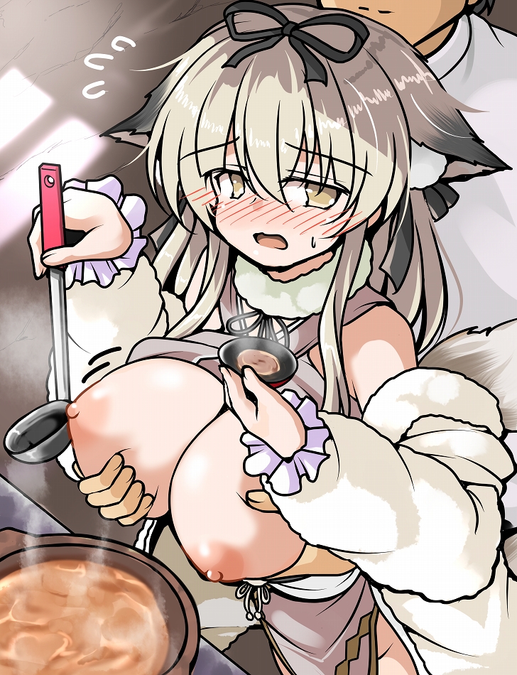 tsuzuri (tuzuri), commander (azur lane), minase (azur lane), azur lane, 1boy, 1girl, animal ears, bare shoulders, black hair, blonde hair, blush, breasts, clothes lift, cooking pot, droopy ears, flying sweatdrops, food, fox ears, grabbing another's breast, grabbing from behind, groping, hair ribbon, ladle, large breasts, long hair, nipples, open mouth, ribbon, saucer, shirt lift, soup, yellow eyes