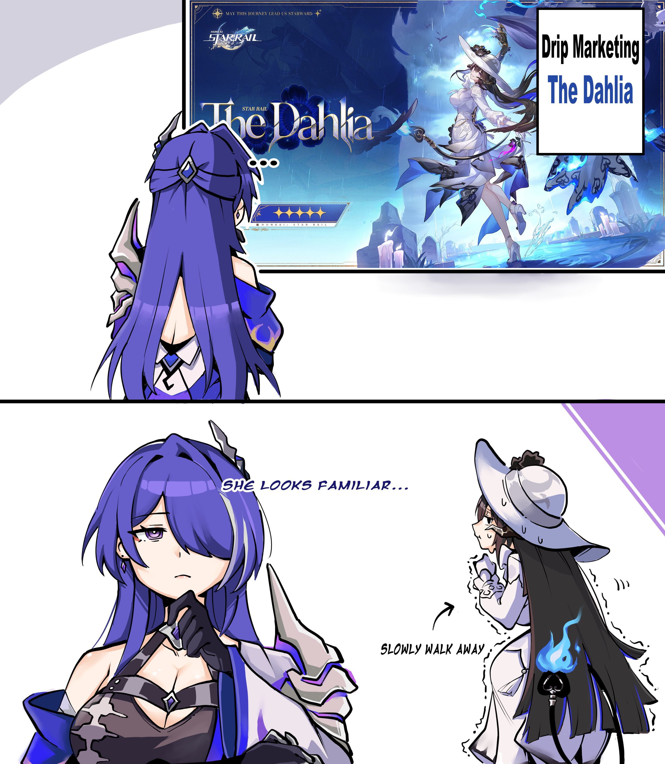 bossjob3, acheron (honkai: star rail), constance (honkai: star rail), honkai: star rail, honkai (series), absurdres, commentary, english commentary, highres, …, 2girls, arrow (symbol), black hair, blue fire, breasts, candle, cleavage, crop top, dress, english text, fire, flower, gloves, hair ornament, hair over one eye, hair spread out, hat, hat flower, high heels, horns, jacket, large breasts, multiple girls, official art inset, open clothes, open jacket, purple hair, shaking, single bare shoulder, sun hat, sweatdrop, tail, tombstone, white dress
