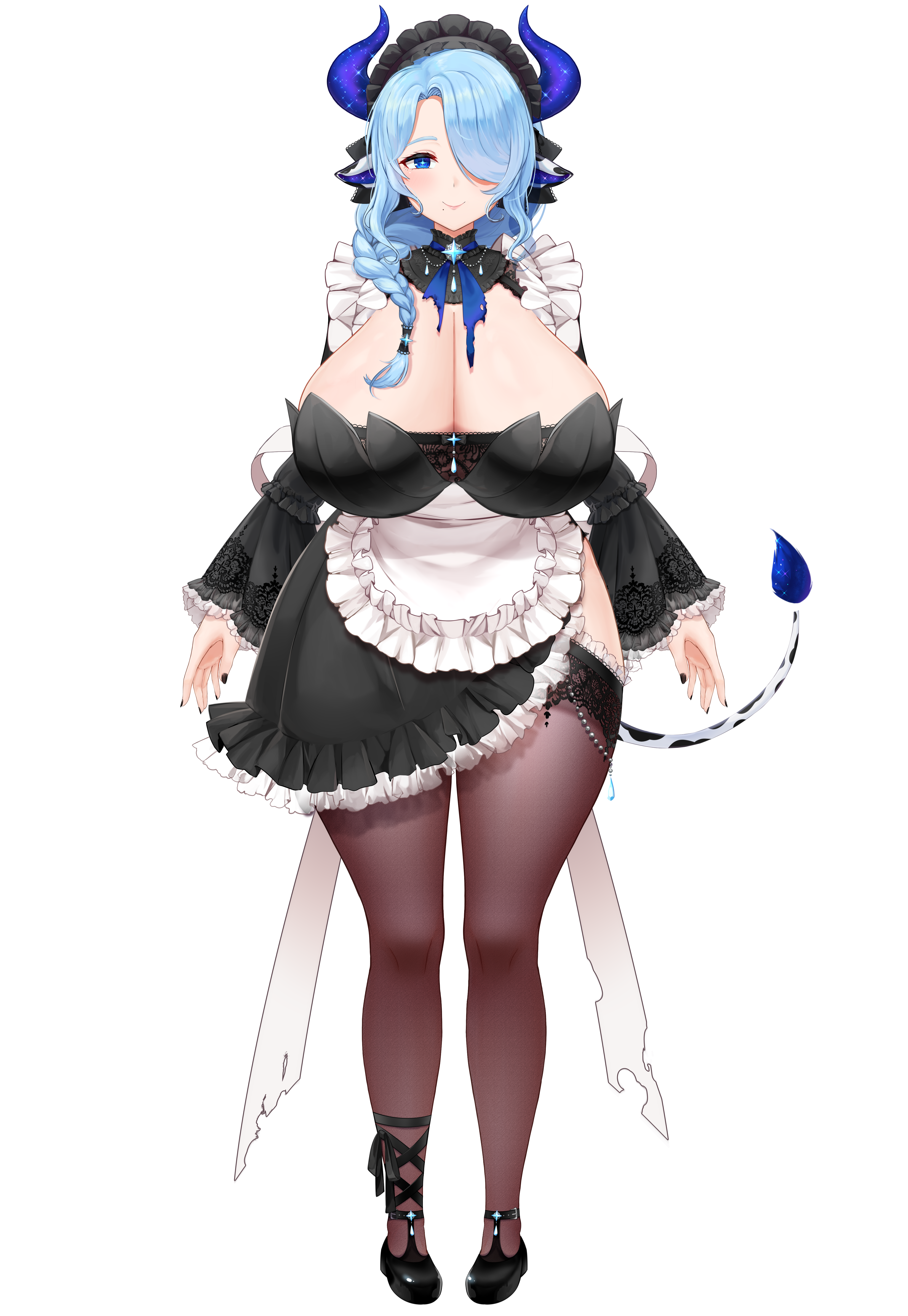 cream cod, miilkywayz, indie virtual youtuber, absurdres, highres, official art, 1girl, animal ears, apron, black dress, black nails, black shoes, blue eyes, blue hair, blue pupils, braid, breasts, bright pupils, cleavage, closed mouth, cow ears, cow girl, cow horns, cow tail, dress, frilled apron, frilled dress, frills, hair over one eye, hair over shoulder, hair tubes, horns, huge breasts, long hair, maid, maid headdress, mole, mole under mouth, purple horns, shoes, single hair tube, smile, solo, tachi-e, tail, thighhighs, transparent background, virtual youtuber, white apron