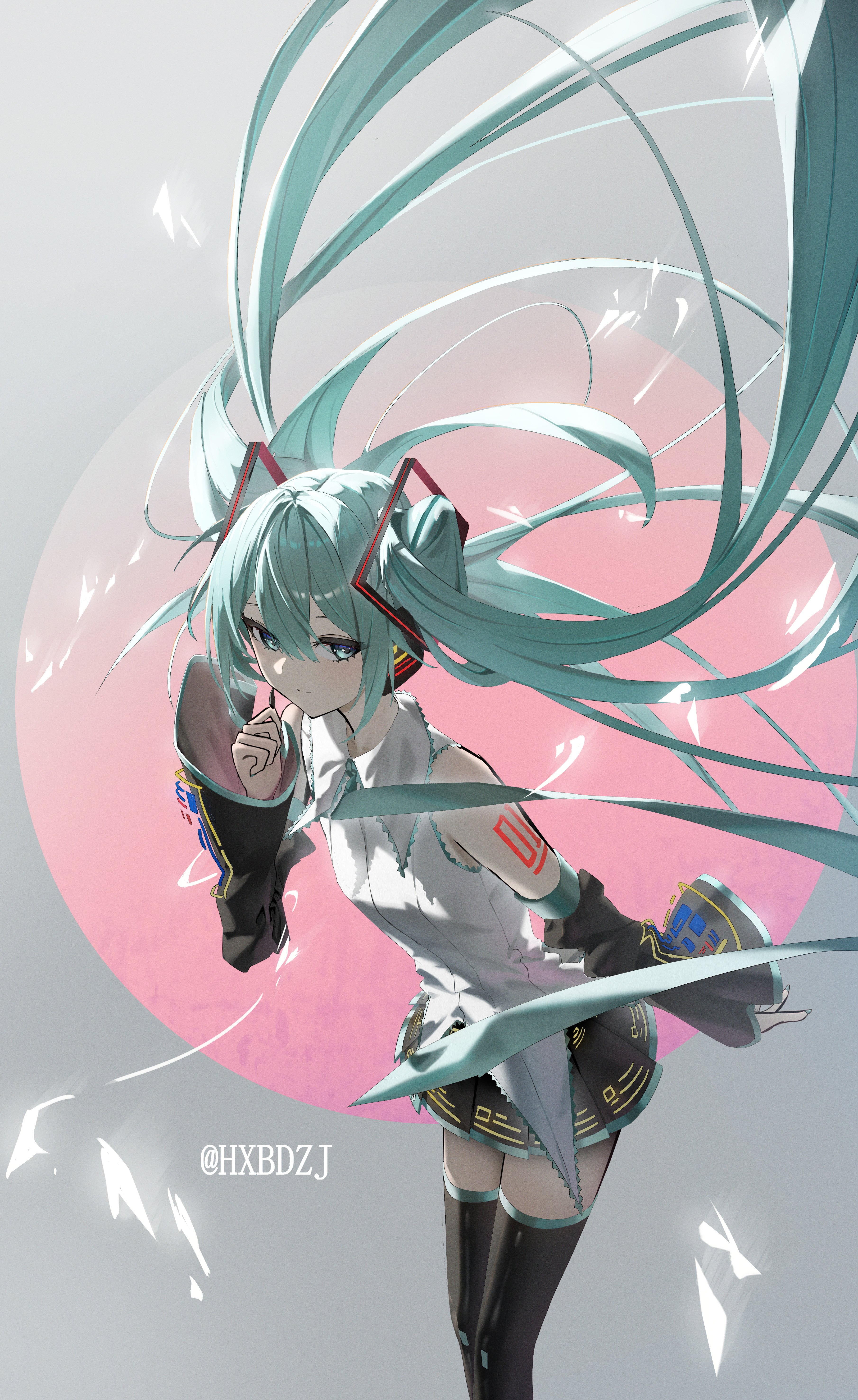 hxbdzj, hatsune miku, vocaloid, absurdres, highres, 1girl, absurdly long hair, aqua eyes, aqua hair, arm tattoo, black skirt, black sleeves, black thighhighs, blush, closed mouth, hair between eyes, headphones, long hair, looking at viewer, number tattoo, shirt, sidelocks, skirt, smile, solo, tattoo, thighhighs, twintails, very long hair, white shirt, zettai ryouiki