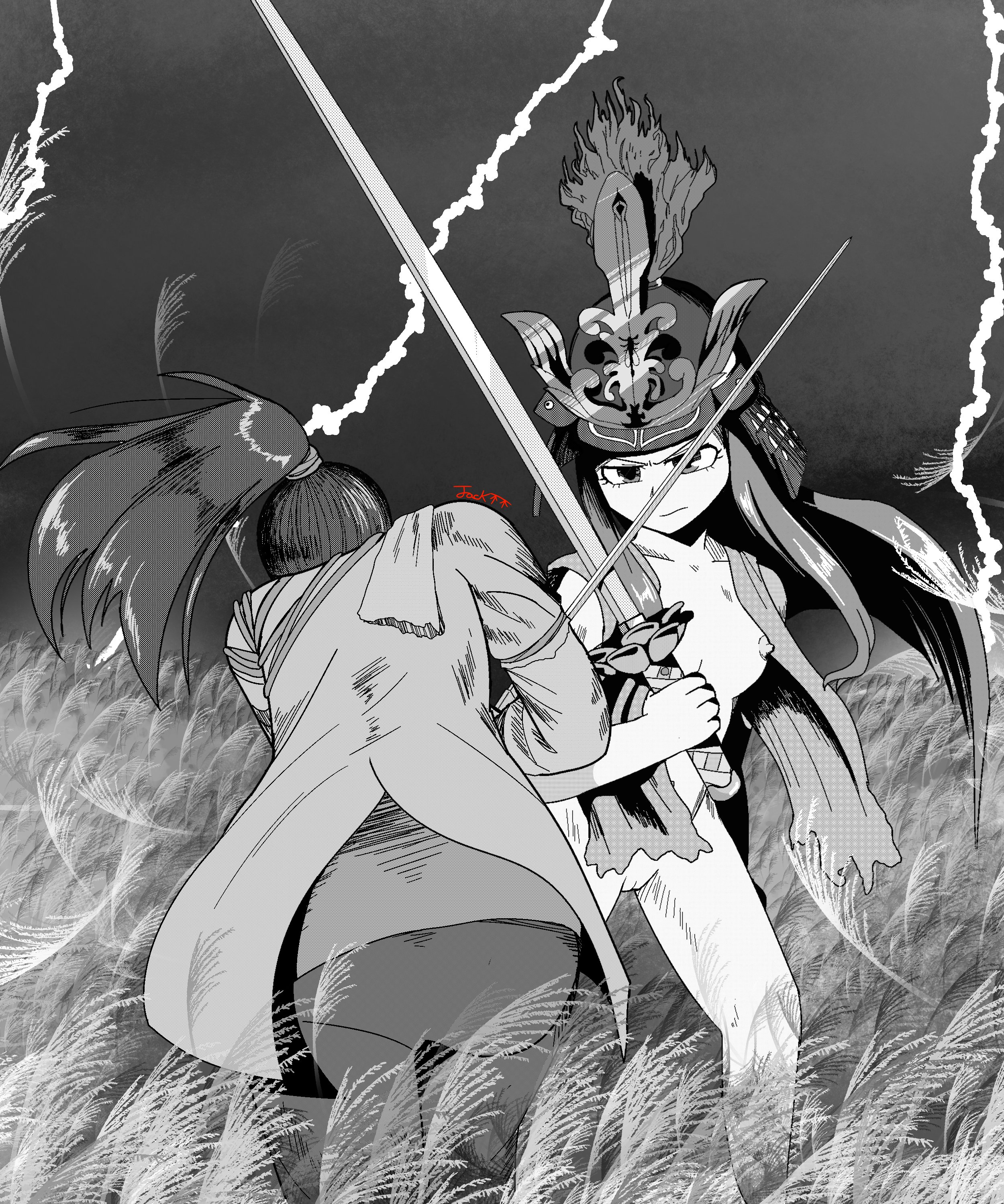 kasuga ayumu, azumanga daiou, sekiro: shadows die twice, absurdres, commentary, english commentary, highres, 1girl, 1other, armor, artist name, cleft of venus, closed mouth, greyscale, helmet, holding, holding sword, holding weapon, japanese armor, kabuto (helmet), katana, looking at viewer, monochrome, naked armor, nipples, nude, pussy, samurai, spot color, sword, sword saint isshin, vengefulfistss, weapon
