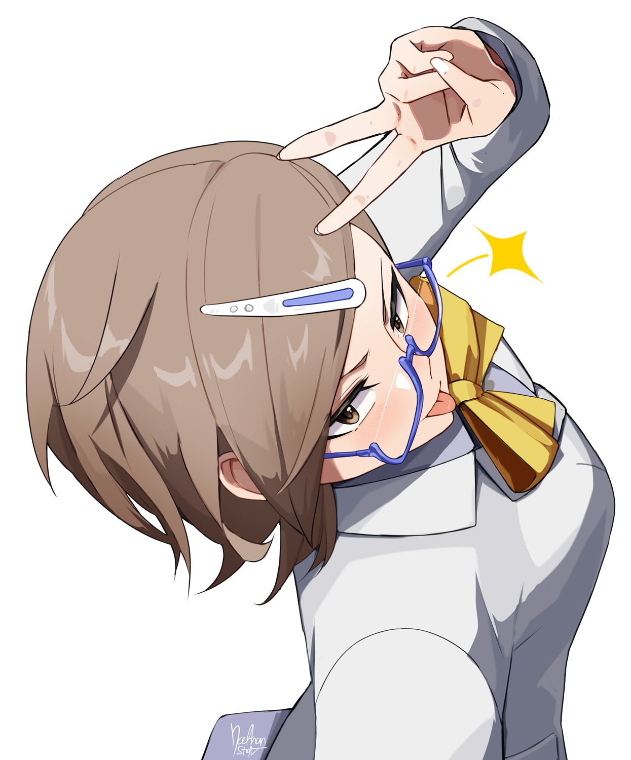 nathan stefv, digimon, digimon story: time stranger, highres, 1girl, brown eyes, brown hair, from above, glasses, jacket, looking at viewer, sagisaka hiroko, selfie, semi-rimless eyewear, short hair, simple background, solo, sparkle, tongue, tongue out, under-rim eyewear, upper body, v, white background, white jacket