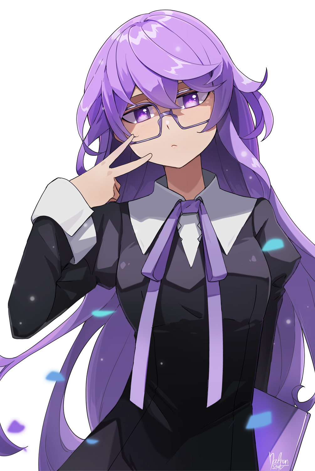 nathan stefv, mikagura mirei, digimon, digimon story: time stranger, highres, 1girl, black dress, breasts, cowboy shot, dress, long hair, medium breasts, purple eyes, purple hair, semi-rimless eyewear, simple background, solo, under-rim eyewear, white background