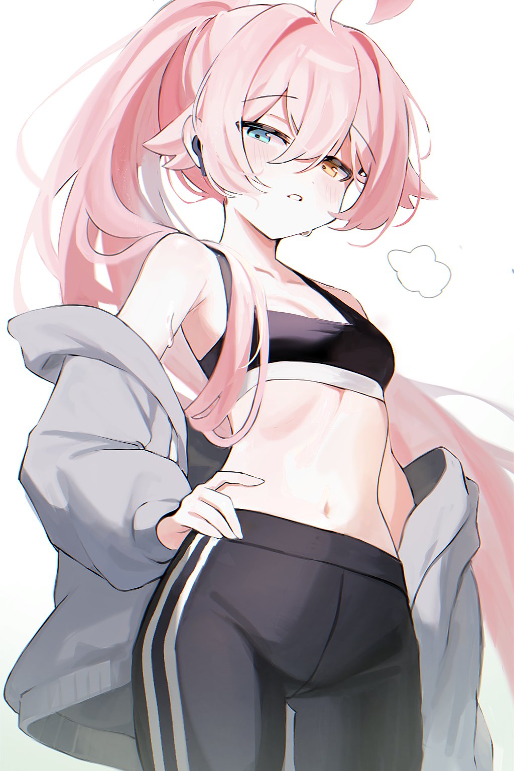hoshino (blue archive), blue archive, commentary, hashtag-only commentary, highres, 1girl, ahoge, alternate costume, armpit crease, bare shoulders, black pants, black sports bra, blue eyes, breasts, breath, cowboy shot, crotch seam, dot nose, double-parted bangs, expressionless, grey jacket, hair between eyes, hair flaps, hair intakes, hand on own hip, heterochromia, high ponytail, imro 0000, jacket, jacket partially removed, light blush, linea alba, long hair, looking at viewer, navel, off shoulder, open clothes, open jacket, pants, parted lips, pink hair, ponytail, sidelocks, small breasts, solo, sports bra, standing, stomach, sweat, very long hair, wireless earphones, yellow eyes, yoga pants
