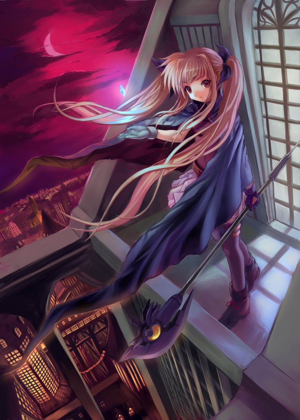 kitiroku, bardiche (axe form) (nanoha), bardiche (nanoha), fate testarossa, lyrical nanoha, mahou shoujo lyrical nanoha, highres, 00s, building, moon, solo