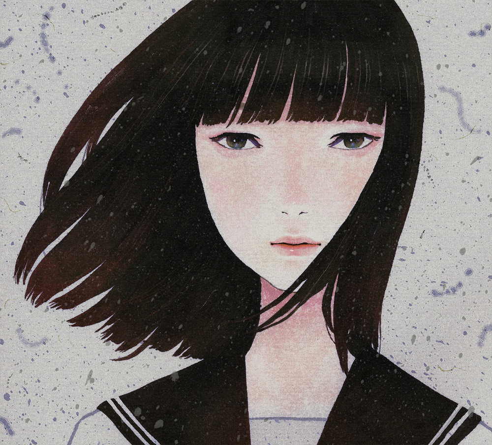 kumaori jun, original, bad id, bad pixiv id, 1girl, black hair, brown eyes, female focus, hime cut, school uniform, serafuku, short hair, solo, wind