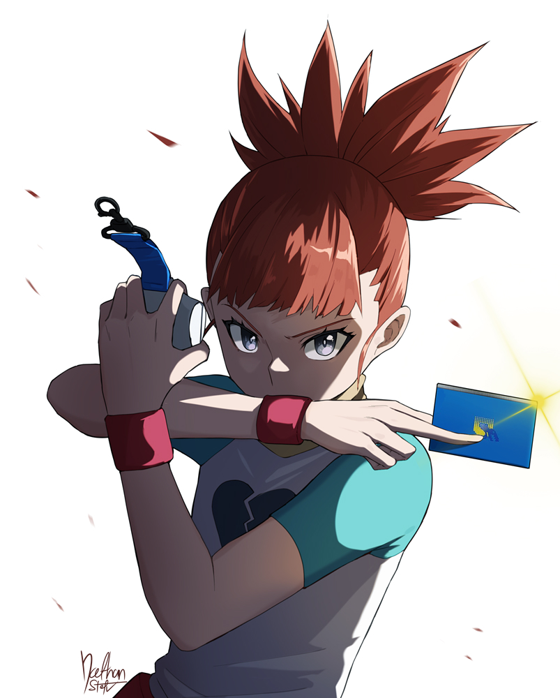 nathan stefv, makino ruki, digimon, digimon tamers, 1girl, black eyes, blue card, blue shirt, broken heart print, brown hair, card, cowboy shot, d-ark, high ponytail, holding, holding card, ponytail, print shirt, shaded face, shirt, simple background, solo, white background, white shirt