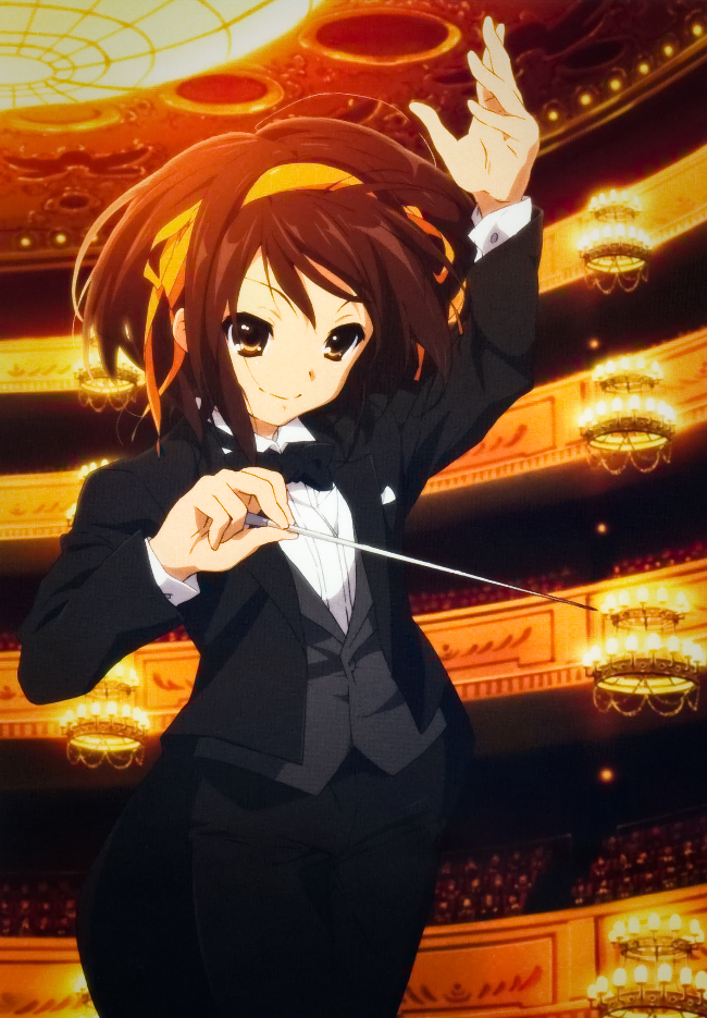suzumiya haruhi, suzumiya haruhi no yuuutsu, baton, 00s, 1girl, alternate costume, blazer, bow, bowtie, brown hair, conductor, conductor baton, cover, dvd cover, formal clothes, hairband, head tilt, instrument, jacket, pant suit, pants, short hair, solo focus, suit, tailcoat, traditional bowtie, tuxedo, vest, waistcoat