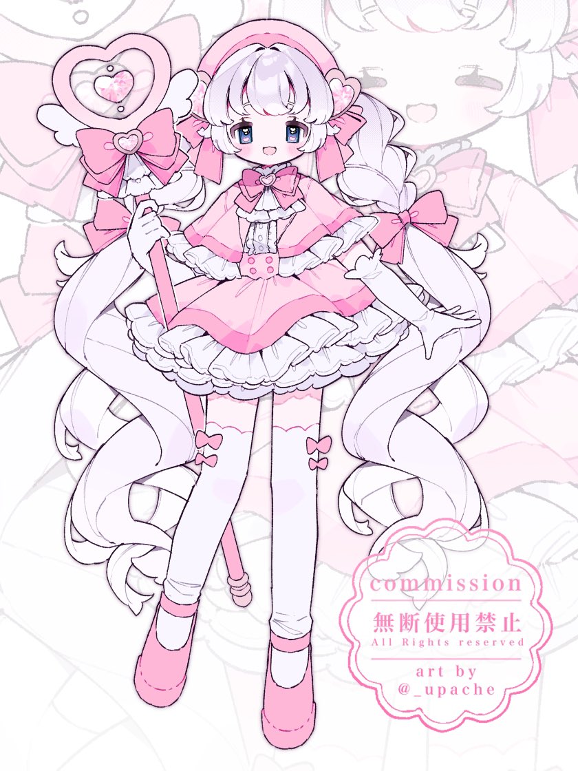 upa papa co, sofione, character request, commentary request, commission, 1girl, :3, :d, artist name, blue eyes, blush, bow, bow legwear, bowtie, capelet, different zoom layer, dress, frilled capelet, frilled dress, frills, full body, gloves, grey hair, hair bow, hat, holding, holding staff, long hair, looking at viewer, open mouth, pink bow, pink bowtie, pink capelet, pink dress, pink hat, pink shoes, shoes, smile, solo, staff, standing, standing on one leg, thighhighs, twintails, very long hair, virtual youtuber, watermark, white gloves, white thighhighs, zoom layer
