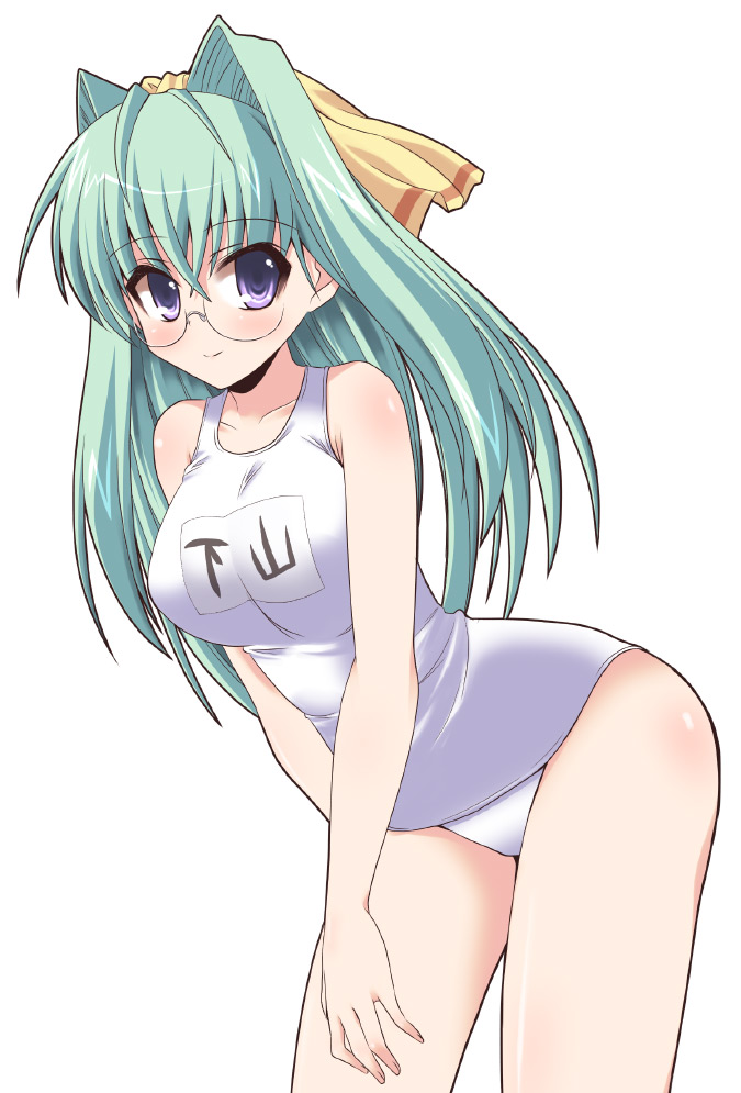 shinshin, 1girl, blue eyes, breasts, female focus, glasses, green hair, medium breasts, one-piece swimsuit, ribbon, school swimsuit, solo, swimsuit, white one-piece swimsuit