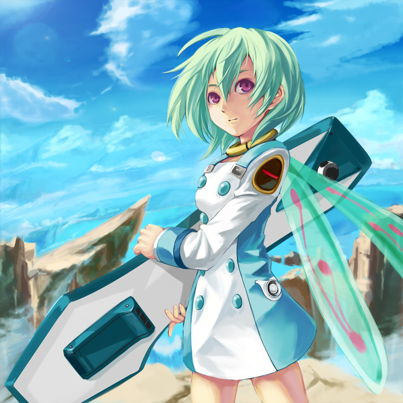 pondel, eureka (eureka seven), eureka seven, eureka seven (series), looking away, 00s, 1girl, aqua hair, black hair, blue sky, cliff, cloud, cloudy sky, cowboy shot, day, dress, female focus, hair between eyes, holding, jewelry, long sleeves, machinery, necklace, outdoors, purple eyes, ring, ring necklace, short hair, skateboard, sky, solo, standing, wings