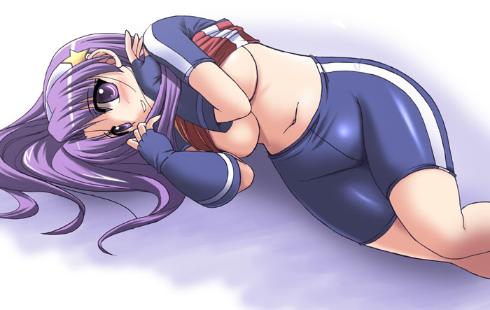 tonpuu, asamiya athena, snk, the king of fighters, the king of fighters 2002, 1girl, breasts, curvy, female focus, hair ornament, hairband, hip focus, large breasts, long hair, lying, midriff, navel, on side, purple eyes, purple hair, solo, star (symbol), star hair ornament, underboob, wide hips