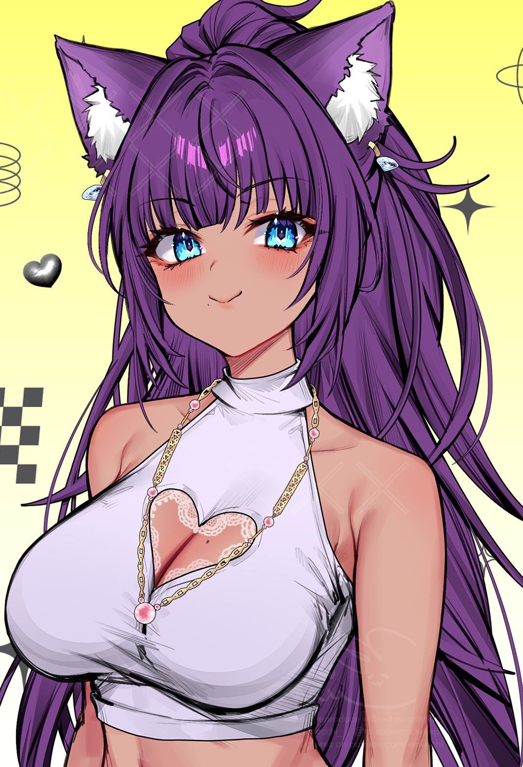 emu (confisery), cha cha (vtuber), indie virtual youtuber, highres, 1girl, animal ear fluff, animal ears, blue eyes, breasts, cat ears, cleavage, cleavage cutout, closed mouth, clothing cutout, cropped shirt, earrings, heart, heart cutout, jewelry, long hair, mole, mole on breast, mole under mouth, necklace, purple hair, shirt, sleeveless, sleeveless shirt, smile, solo, tan, upper body, watermark, white shirt, yellow background