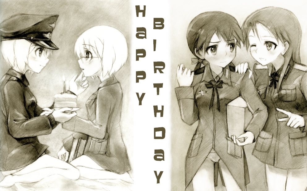 kisetsu, erica hartmann, gertrud barkhorn, minna-dietlinde wilcke, ursula hartmann, strike witches, strike witches: suomus misfits squadron, world witches series, bad id, bad pixiv id, 00s, 4girls, birthday, cake, food, gift, glasses, happy birthday, monochrome, multiple girls, pastry, sepia