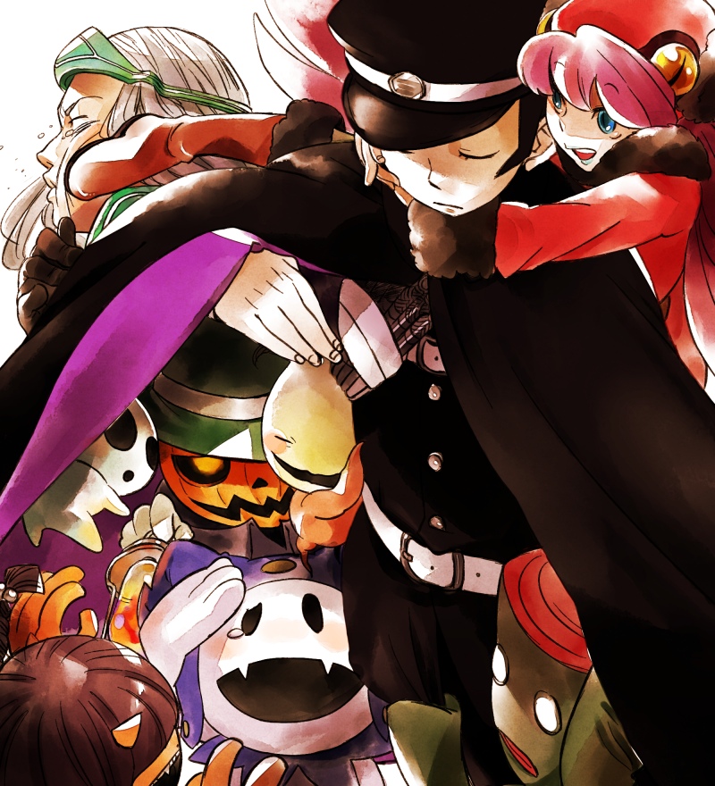 yukataro, jack frost (megami tensei), kuzunoha raidou, mokoi (megami tensei), muu shuwuu (megami tensei), obariyon (megami tensei), onmoraki (megami tensei), poltergeist (megami tensei), pyro jack, tam lin (megami tensei), atlus, devil summoner (series), raidou kuzunoha vs king abaddon, shin megami tensei, bad id, bad pixiv id, 1girl, 2boys, belt, black hair, blue eyes, boots, cape, carrying, closed eyes, demon (megami tensei), hat, jack-o'-lantern, kicking, monster, multiple boys, piggyback, pink hair, pumpkin, white hair