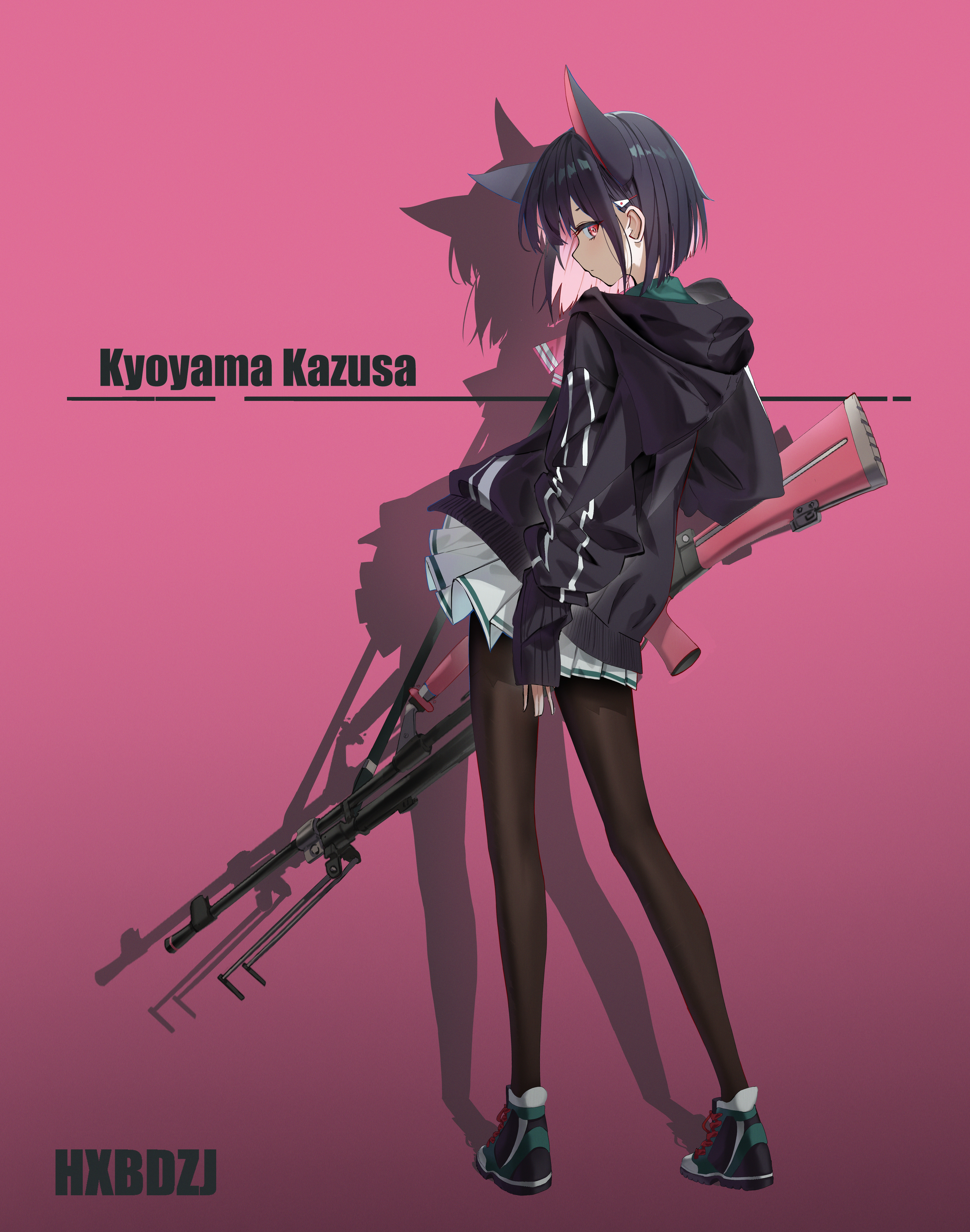 hxbdzj, kazusa (blue archive), blue archive, absurdres, highres, 1girl, animal ears, black hair, black hoodie, black pantyhose, black shoes, bren lmg, cat ears, cat girl, colored inner animal ears, colored inner hair, extra ears, from behind, gun, holding, holding gun, holding weapon, hood, hoodie, light machine gun, machine gun, multicolored hair, pantyhose, pink background, pink hair, red eyes, shoes, short hair, simple background, skirt, solo, two-tone hair, weapon, white skirt