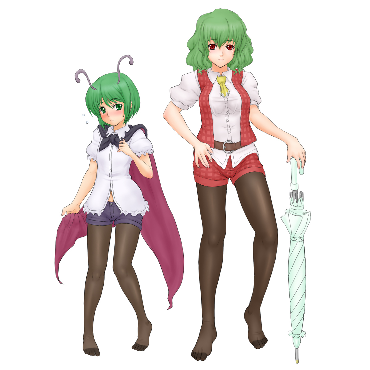 kuro suto sukii, kazami yuuka, wriggle nightbug, touhou, highres, 2girls, androgynous, antennae, ascot, blush, cape, closed umbrella, feet, female focus, green eyes, green hair, hand on own hip, legs, midriff, multiple girls, navel, pantyhose, pantyhose under shorts, plaid clothes, plaid shorts, plaid vest, red eyes, reverse trap, short hair, shorts, simple background, umbrella, vest, white background