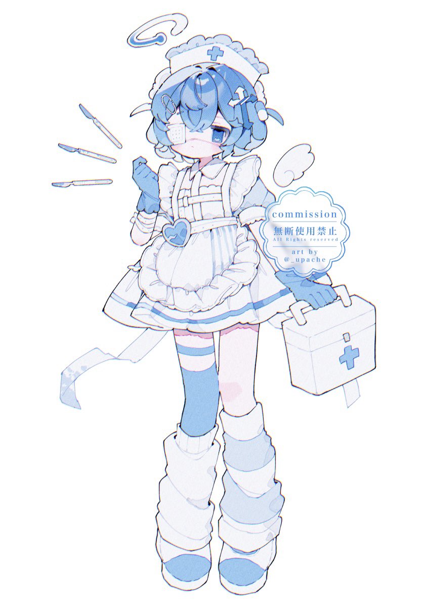 upa papa co, original, commentary, commission, highres, symbol-only commentary, 1girl, apron, artist name, asymmetrical legwear, blue dress, blue eyes, blue gloves, blue hair, blue shoes, blush, closed mouth, double-parted bangs, dress, eyepatch, first aid kit, frilled apron, frills, full body, gloves, hand up, hat, holding, nurse cap, shoes, short hair, short sleeves, simple background, single thighhigh, socks, solo, standing, striped clothes, striped socks, thighhighs, uneven legwear, watermark, white apron, white background, white socks
