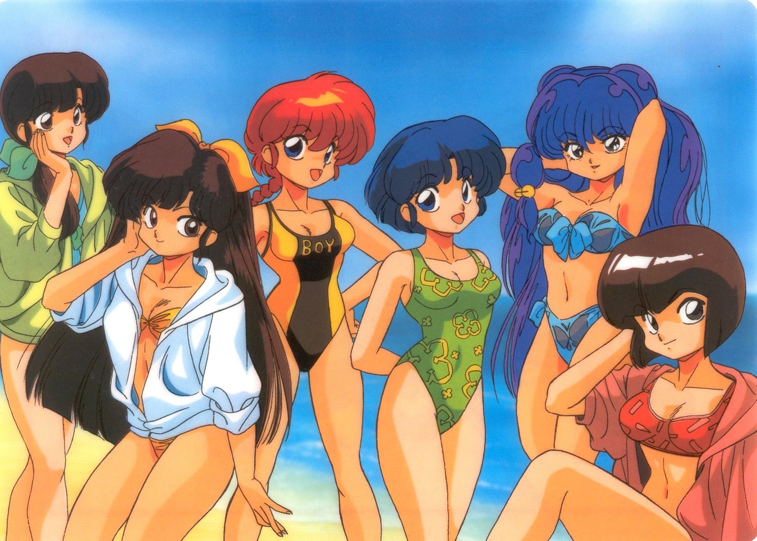 nakajima atsuko, kuonji ukyou, ranma-chan, saotome ranma, shampoo (ranma 1/2), tendou akane, tendou kasumi, tendou nabiki, ranma 1/2, hands in hair, official art, scan, scan artifacts, 1990s (style), 6+girls, :d, animal print, arm behind head, armpits, arms behind back, arms behind head, arms up, bandeau, beach, bell, bikini, bikini under clothes, black eyes, black hair, black one-piece swimsuit, blue bikini, blue eyes, blue hair, bob cut, braid, braided ponytail, breasts, brown eyes, brown hair, butterfly print, casual one-piece swimsuit, cleavage, closed mouth, clothes writing, cloud, competition swimsuit, day, double bun, english text, front-tie bikini top, front-tie top, genderswap, genderswap (mtf), green one-piece swimsuit, green ribbon, hair bell, hair between eyes, hair bun, hair ornament, hair over shoulder, hair ribbon, hand on own cheek, hand on own face, hand on own hip, hand up, happy, hip focus, hood, hood down, hoodie, jingle bell, knee up, legs together, light smile, long hair, long sleeves, looking at viewer, low ponytail, multiple girls, navel, ocean, one-piece swimsuit, open clothes, open hoodie, open mouth, orange bikini, orange ribbon, outdoors, parted bangs, ponytail, print bikini, print swimsuit, red bikini, red hair, retro artstyle, ribbon, side-tie bikini bottom, sidelocks, single braid, sitting, sky, sleeves rolled up, small breasts, smile, spread legs, strapless, strapless bikini, swimsuit, swimsuit under clothes, unzipped, very long hair