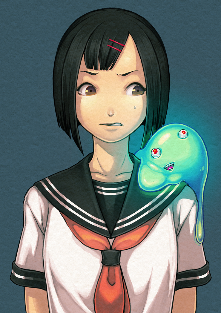 juuden, original, 1girl, black hair, brown eyes, female focus, glowing, hair ornament, hairclip, school uniform, serafuku, shiny clothes, short hair, slime (creature), solo, sweatdrop
