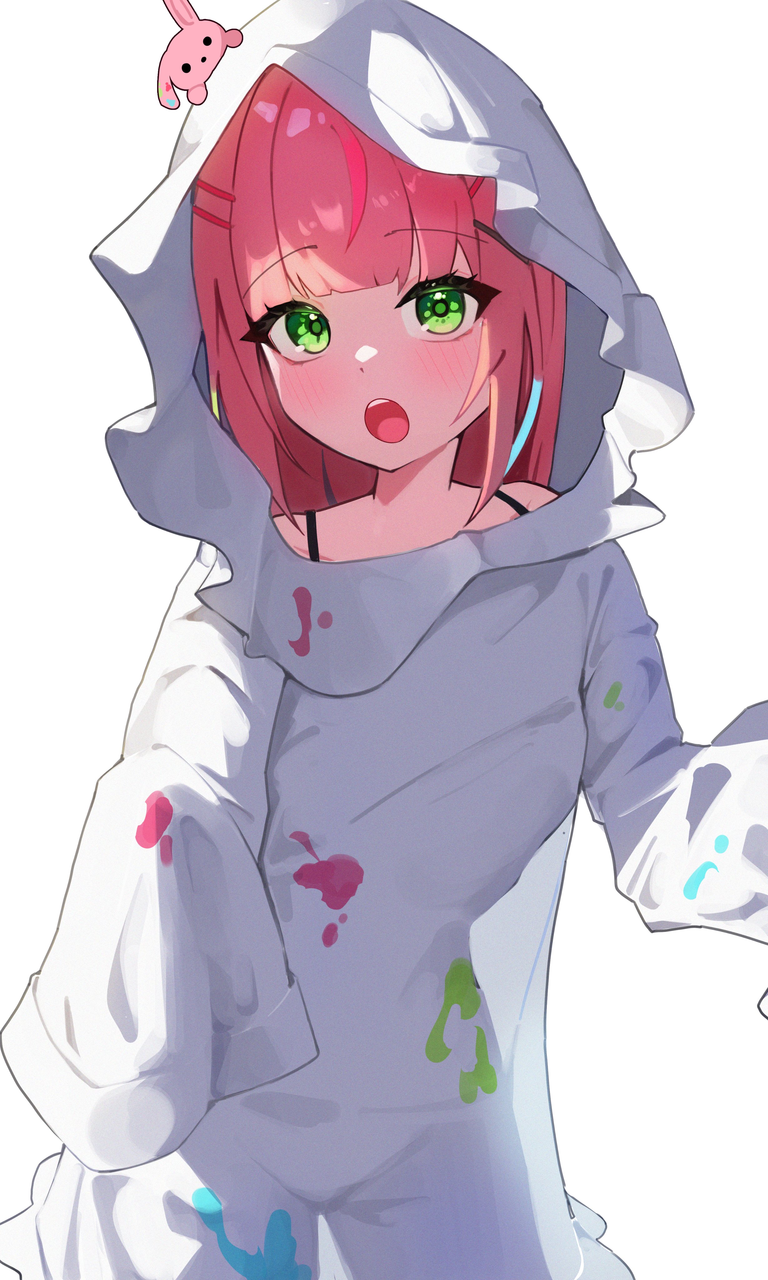 hanako nana, peto (hanako nana), stellive, absurdres, commentary request, highres, korean commentary, 1girl, :o, blunt bangs, bra strap, cowboy shot, film grain, green eyes, hair ornament, hairclip, hood, hood up, hooded shirt, long hair, long shirt, multicolored hair, open mouth, paint on clothes, paint splatter, parallel hairclips, pink hair, renibou, see-through silhouette, simple background, sleeves past wrists, solo, standing, streaked hair, virtual youtuber, white background