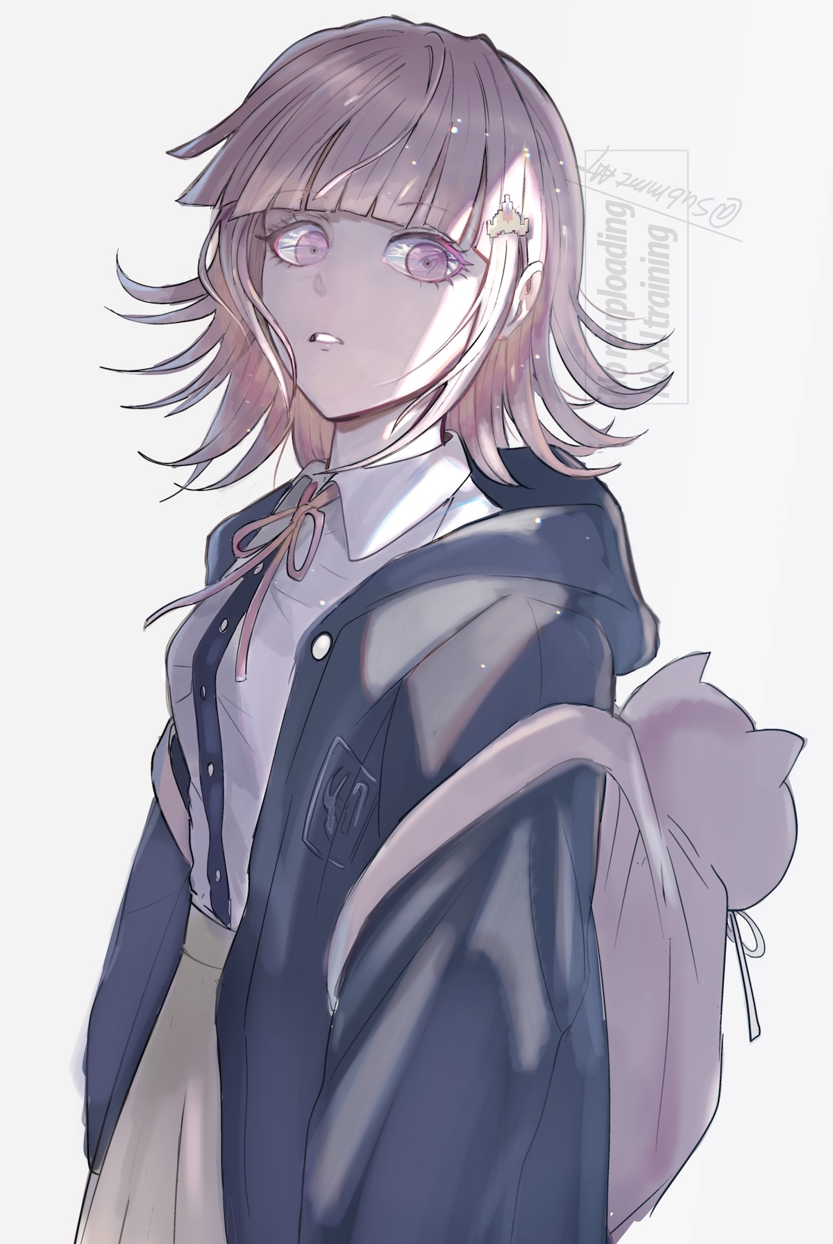 mt2 (sub mmt), nanami chiaki, danganronpa (series), danganronpa 2: goodbye despair, highres, 1girl, animal bag, breasts, brown hair, brown skirt, cat bag, collared shirt, flipped hair, hair ornament, hood, jacket, long sleeves, looking at viewer, medium hair, neck ribbon, open clothes, open jacket, pink bag, pink eyes, pink ribbon, ribbon, shirt, skirt, solo, two-tone shirt, white shirt
