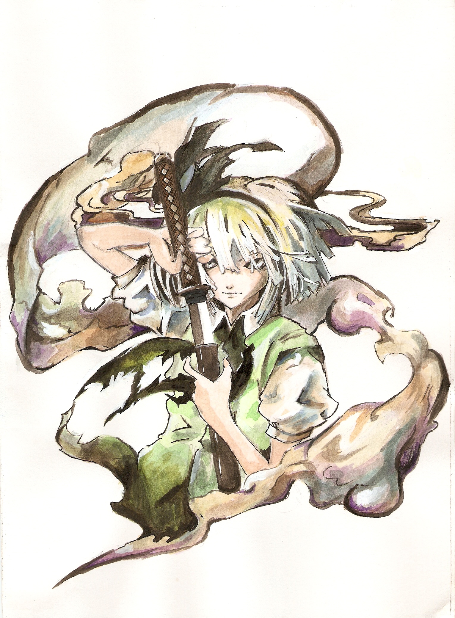 banpai akira, grave123, konpaku youmu, konpaku youmu (ghost), touhou, bad id, bad pixiv id, highres, traditional media, 1girl, female focus, hitodama, ribbon, sheath, solo, sword, unsheathing, weapon, white hair