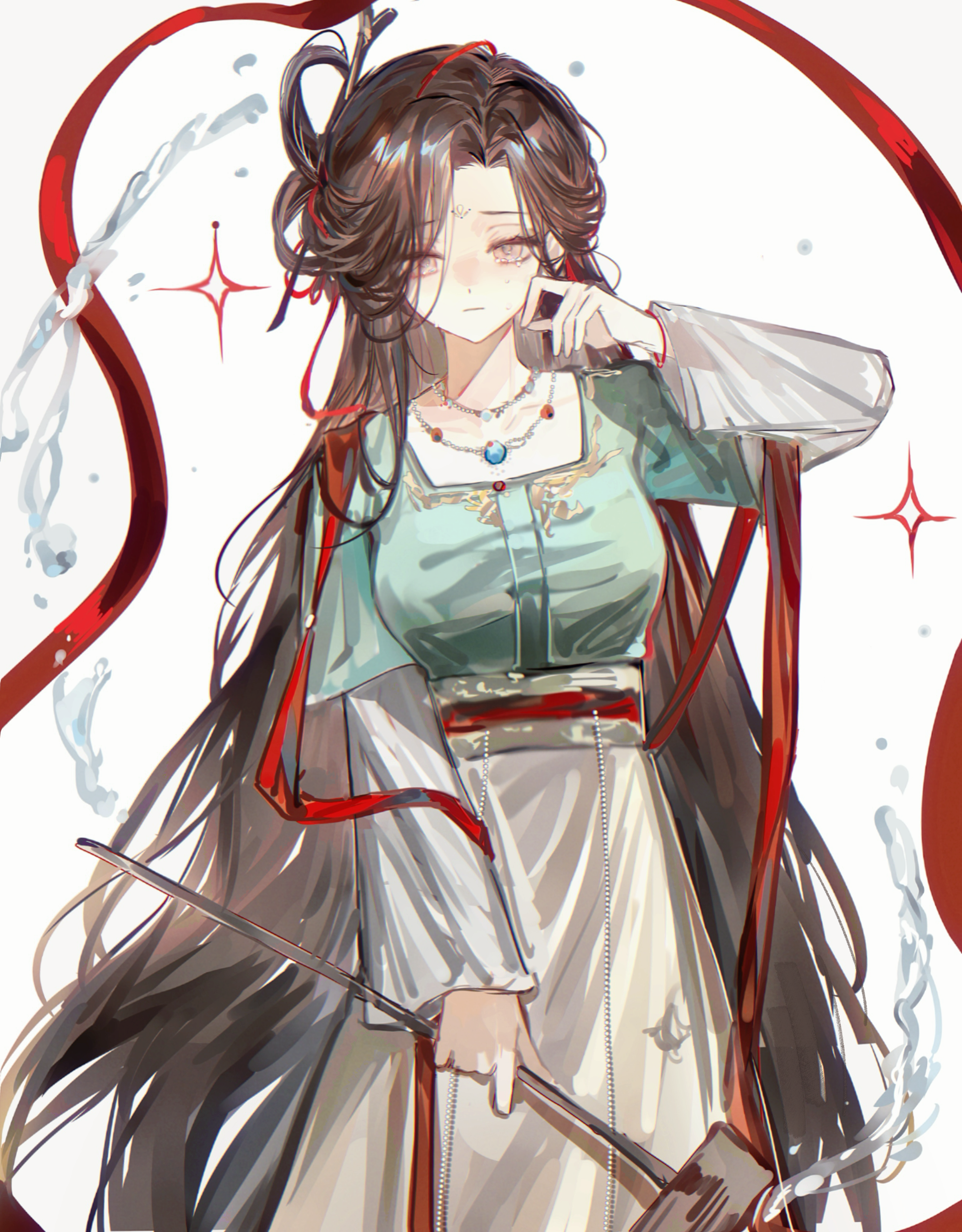 weiyan (nbnbmwnl), jiu niangzi, reverse:1999, absurdres, highres, 1girl, big dipper, brown hair, chinese clothes, closed mouth, cowboy shot, crying, crying with eyes open, facial mark, forehead mark, green shirt, grey eyes, hagoromo, hair branch, hand up, hanfu, holding, holding spoon, huadian, jewelry, layered sleeves, long hair, long skirt, long sleeves, looking at viewer, necklace, parted bangs, red shawl, shawl, shirt, short over long sleeves, short sleeves, skirt, solo, sparkle, spoon, tearing up, tears, very long hair, water drop, wiping tears, yellow skirt