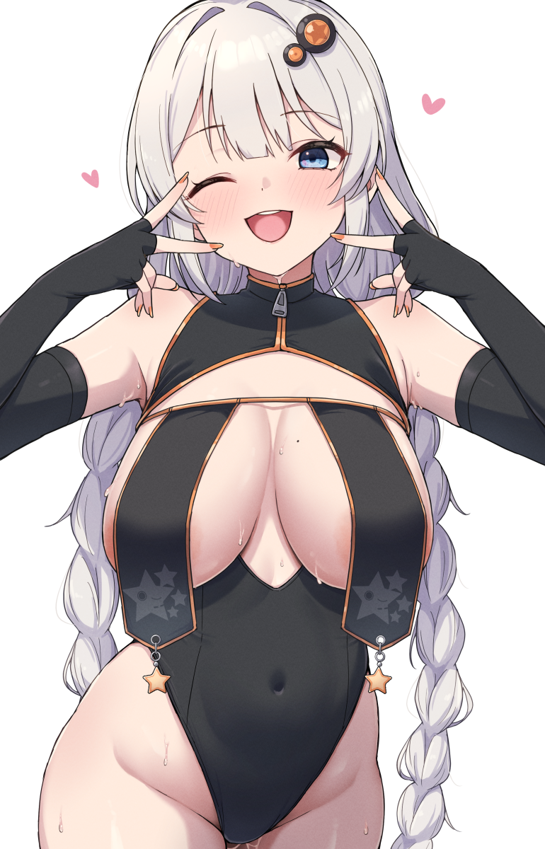 shun (b.c), kizuna akari, voiceroid, commentary request, highres, 1girl, ;d, areola slip, black gloves, black leotard, blue eyes, blush, braid, breast curtains, breast cutout, breasts, covered navel, double v, elbow gloves, fingerless gloves, gloves, grey hair, hair ornament, heart, leotard, long hair, looking at viewer, mole, mole on breast, nail polish, one eye closed, open mouth, orange nails, simple background, smile, solo, standing, sweat, teeth, thighs, tongue, twin braids, upper teeth only, v, very long hair, white background, zipper