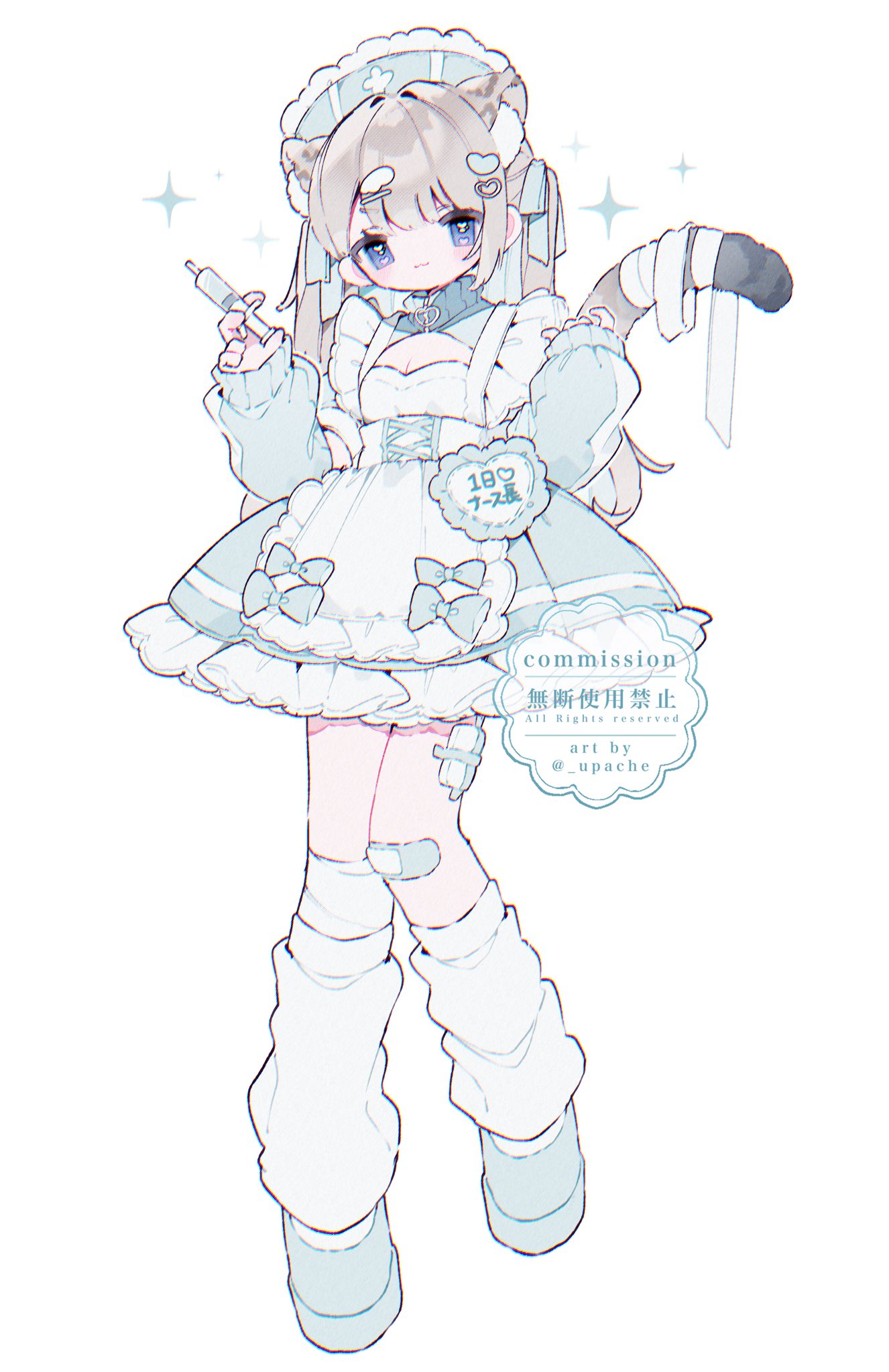 upa papa co, original, commentary, commission, highres, symbol-only commentary, 1girl, :3, animal ear fluff, animal ears, apron, bandaid, bandaid on knee, bandaid on leg, blush, breasts, cat ears, cat girl, cat tail, cleavage, cleavage cutout, closed mouth, clothing cutout, dress, frilled apron, frilled dress, frills, full body, green dress, green hat, green ribbon, green shoes, grey hair, hair ornament, hair ribbon, hands up, hat, heart, heart hair ornament, holding, holding syringe, long hair, long sleeves, looking at viewer, purple eyes, ribbon, shoes, simple background, smile, socks, solo, standing, standing on one leg, syringe, tail, watermark, white apron, white background, white socks