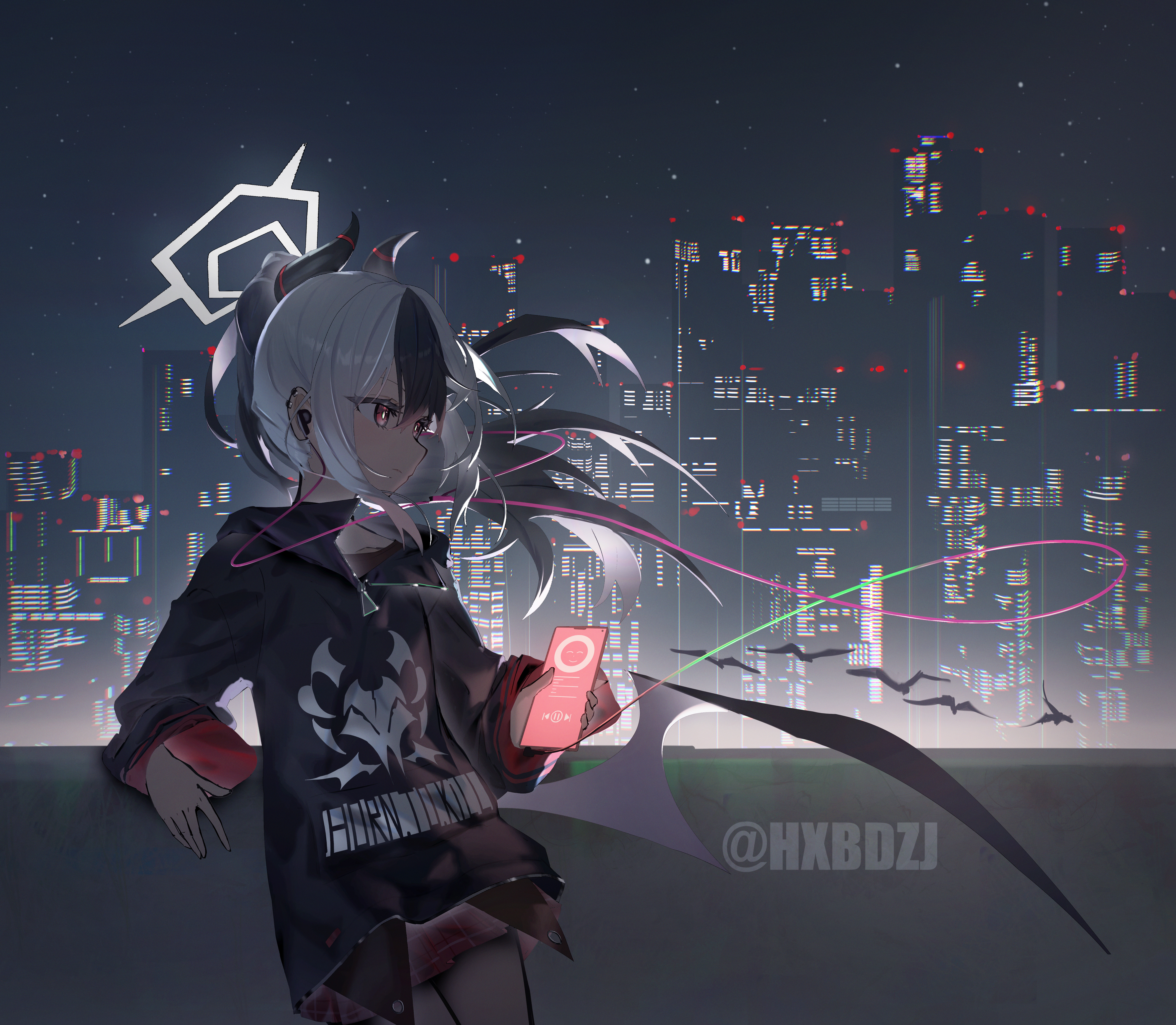 hxbdzj, kayoko (blue archive), blue archive, absurdres, highres, 1girl, black hair, black hoodie, closed mouth, demon girl, demon horns, demon wings, earphones, hair between eyes, halo, holding, holding phone, hood, hoodie, horns, long hair, looking ahead, phone, ponytail, red eyes, red skirt, sidelocks, single wing, skirt, skyline, solo, two side up, white hair, white halo, wings