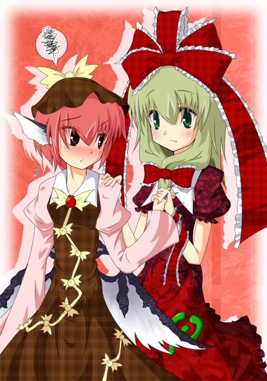 momosaki, momosaki yuuno, kagiyama hina, mystia lorelei, touhou, bad id, bad pixiv id, 2girls, female focus, front ponytail, green eyes, green hair, holding hands, multiple girls, pink hair, ribbon, wings, yuri