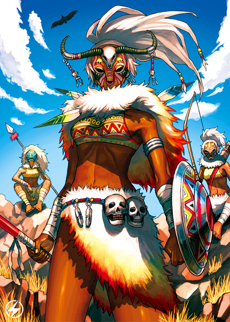 juuden, original, 3girls, amazon warrior, barefoot, bow, bow (weapon), cloud, dark-skinned female, dark skin, day, mask, multiple girls, muscular, shield, skull, sky, tribal, weapon, white hair