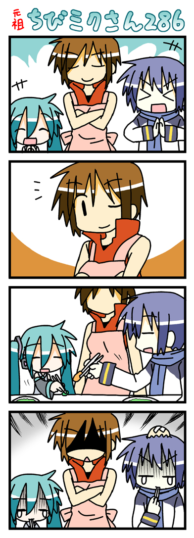 minami (colorful palette), hatsune miku, kaito (vocaloid), meiko (vocaloid), vocaloid, long image, tall image, > <, 1boy, 2girls, 4koma, aged down, apron, aqua hair, chibi, chopsticks, closed eyes, comic, head bump, injury, multiple girls, one eye closed, silent comic, tears, wink