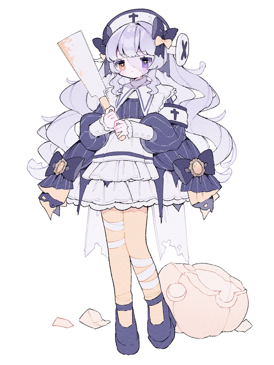upa papa co, original, commentary, hashtag-only commentary, highres, 1girl, bandaged leg, bandages, blue shoes, closed mouth, frilled skirt, frills, full body, grey hair, halloween, hat, heterochromia, holding saw, long hair, orange eyes, orange pantyhose, pantyhose, pumpkin, purple eyes, purple shirt, shirt, shoes, simple background, skirt, solo, standing, striped clothes, striped shirt, white background, white hat, white skirt