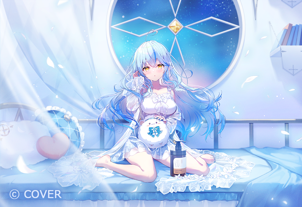 mochida touri, yukihana lamy, yukimin (yukihana lamy), hololive, commentary request, official art, 1girl, ahoge, barefoot, bedroom, blue hair, blue nails, breasts, colored tips, copyright name, crossed bangs, curtains, double-parted bangs, empire waist, full body, hair between eyes, hand up, heart, heart ahoge, indoors, large breasts, long hair, looking at viewer, multicolored hair, nail polish, nightgown, official alternate costume, on bed, pointy ears, see-through clothes, see-through curtains, sitting, sleeves past wrists, solo, streaked hair, toenail polish, toenails, very long hair, virtual youtuber, white nightgown, yellow eyes