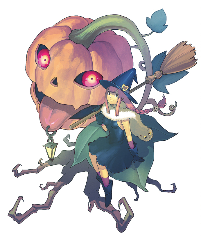 juuden, original, 1girl, braid, broom, brown hair, glowing, glowing eyes, hat, jack-o'-lantern, piercing, pumpkin, skull, tongue piercing, witch, witch hat